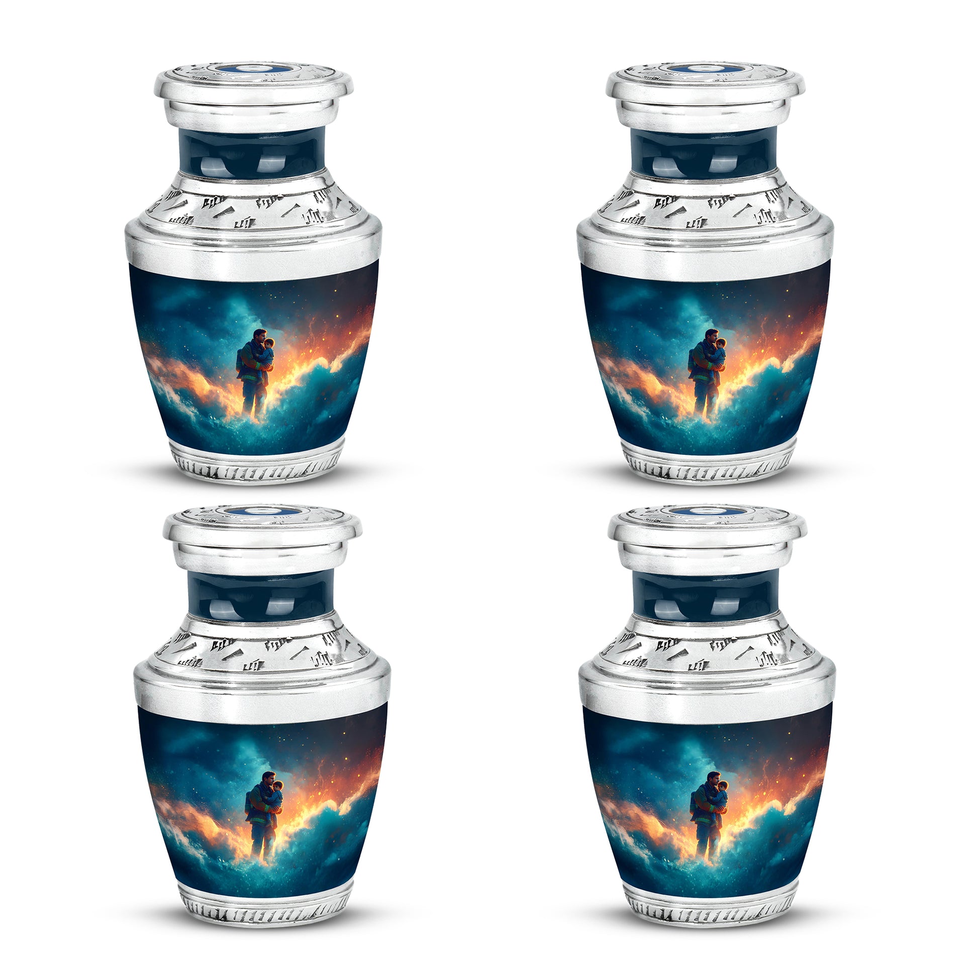 Soft Blue Firefighter Cremation Urn back view with polished surface - artistic firefighter interpretation with creative detail - 10 inch aluminum urn for cremated remains