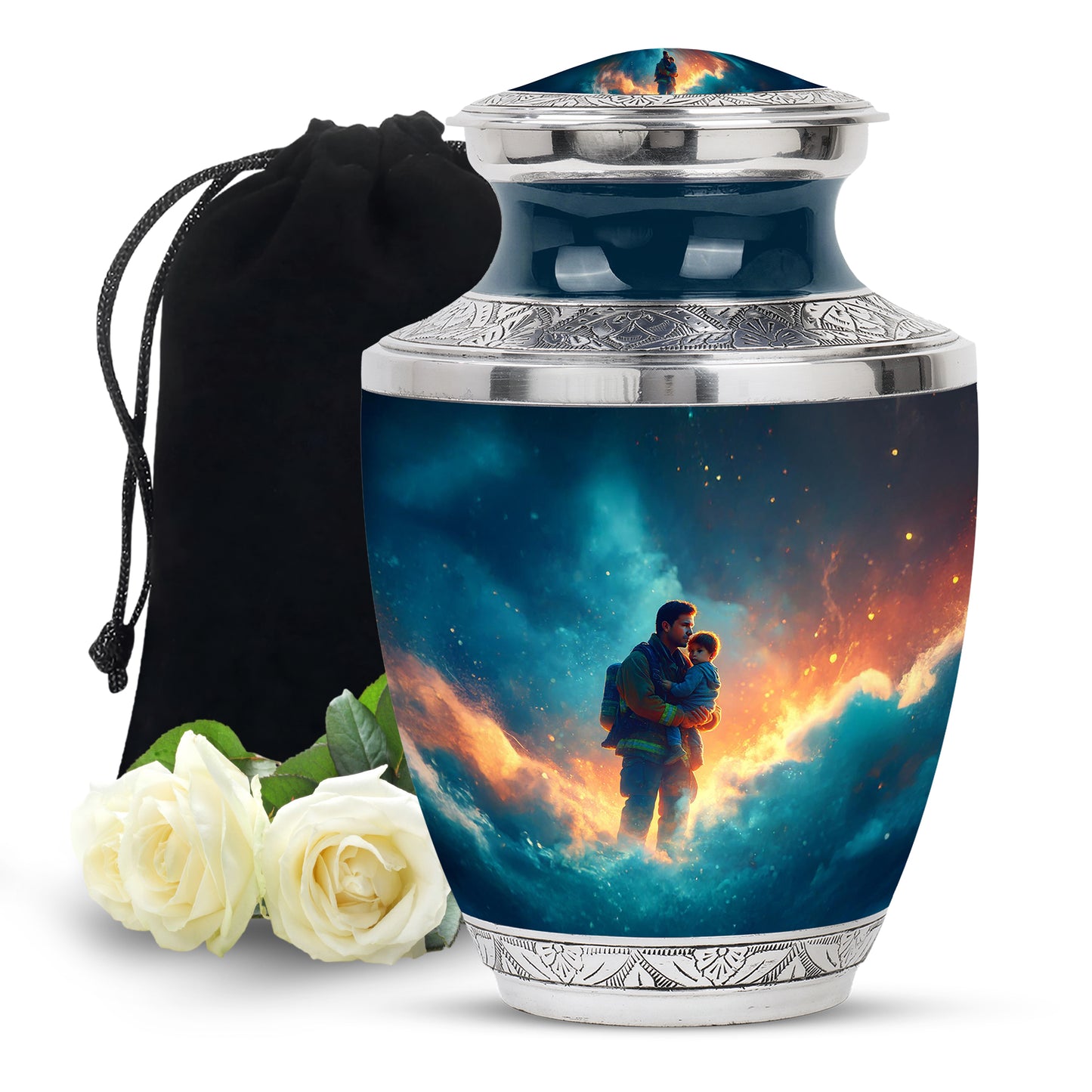 Cornflower Blue Firefighter Cremation Urn side profile showing urn shape - stylized abstract firefighter pattern with bold lines - full-size 10 inch 200 cubic inch adult cremation urn