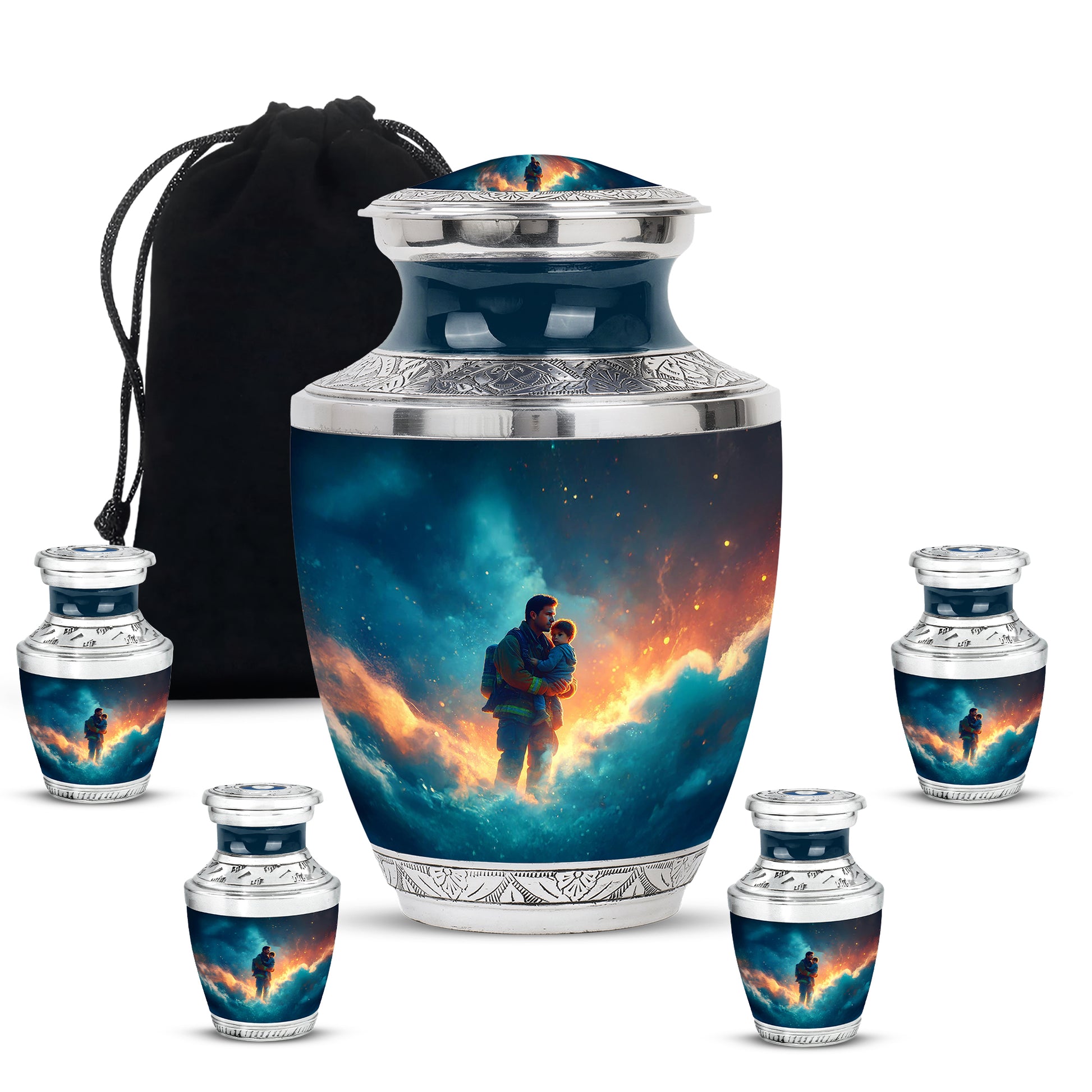 Slate Blue Firefighter Cremation Urn lifestyle display on memorial shelf - modern art-inspired firefighter motif on sleek aluminum - memorial set with one large and four small urns