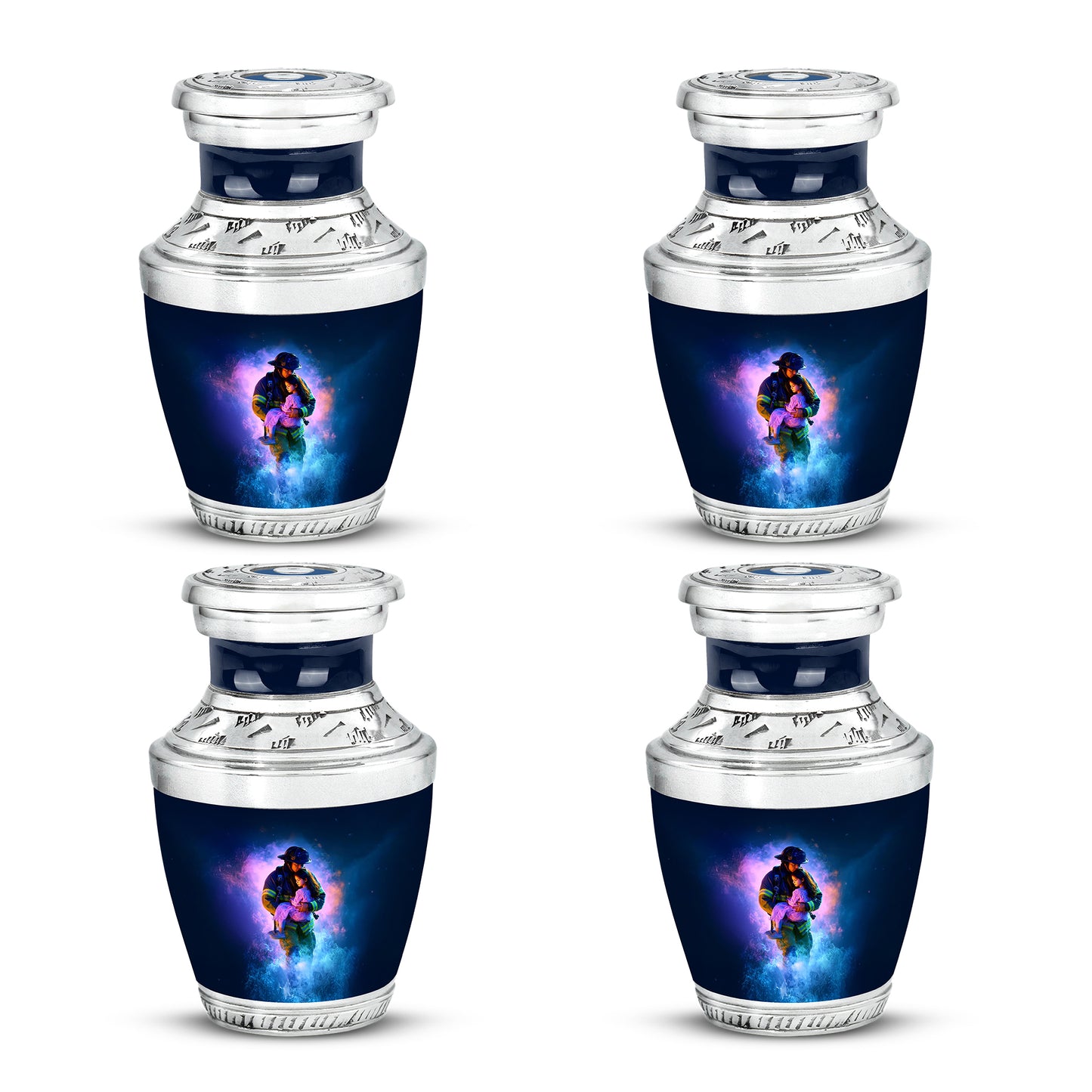 Icy Blue Firefighter Cremation Urn back view with polished surface - modern art-inspired firefighter motif on sleek aluminum - 10 inch aluminum urn for cremated remains