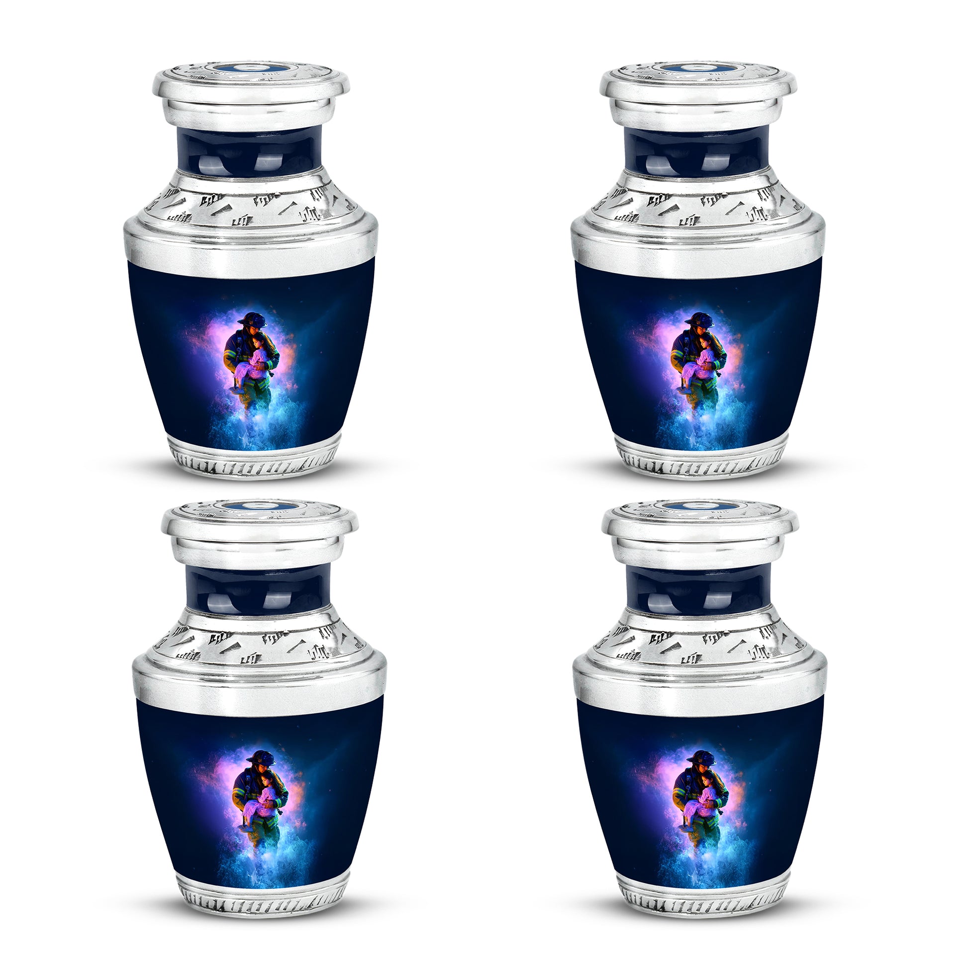 Icy Blue Firefighter Cremation Urn back view with polished surface - modern art-inspired firefighter motif on sleek aluminum - 10 inch aluminum urn for cremated remains