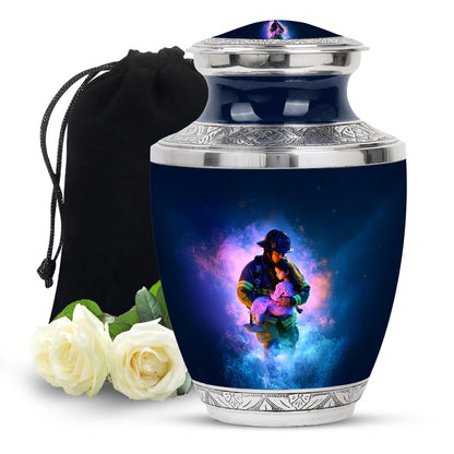Bright Blue Firefighter Cremation Urn side profile showing urn shape - stylized abstract firefighter pattern with bold lines - full-size 10 inch 200 cubic inch adult cremation urn
