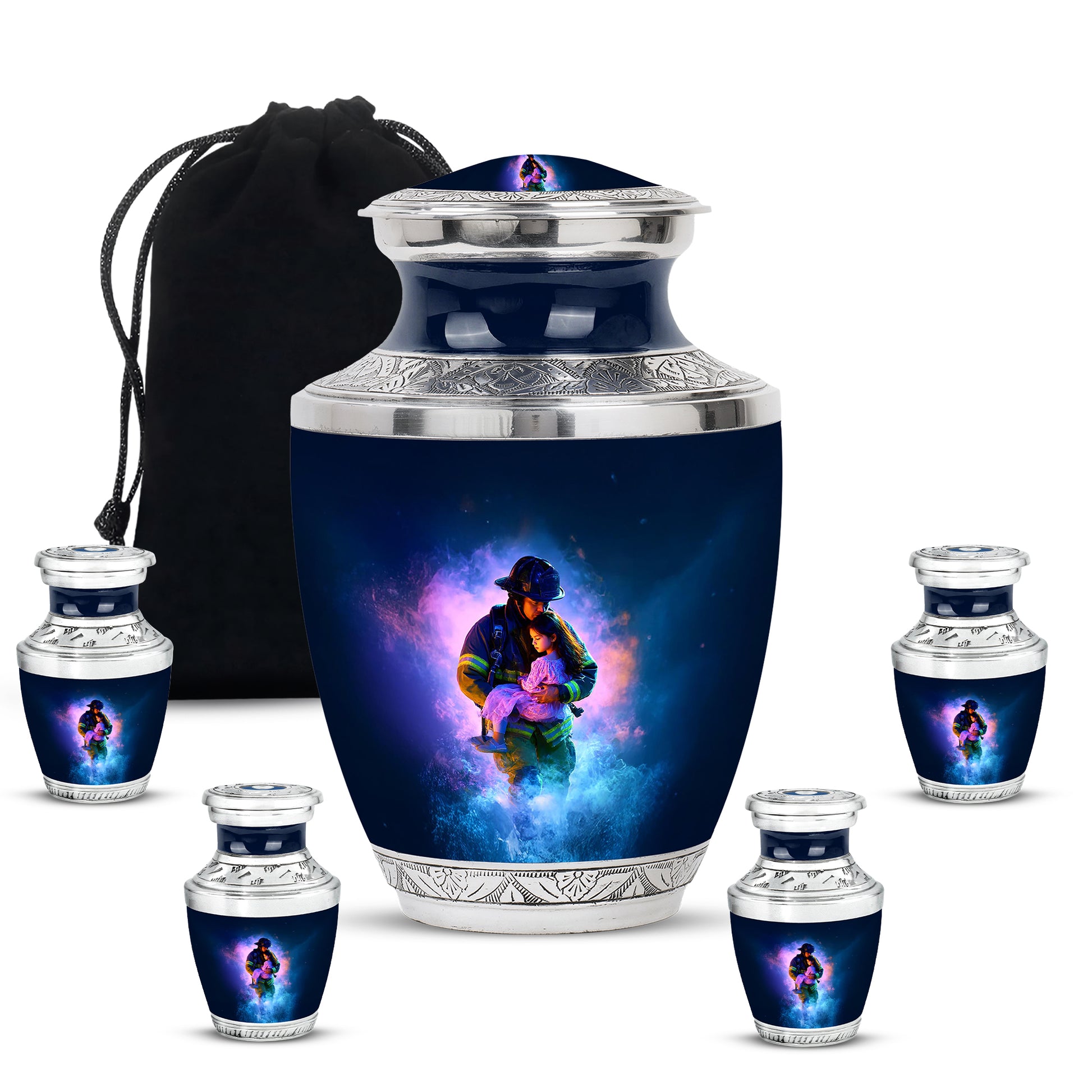 Icy Blue Firefighter Cremation Urn lifestyle display on memorial shelf - contemporary firefighter design with modern artistic flair - memorial set with one large and four small urns