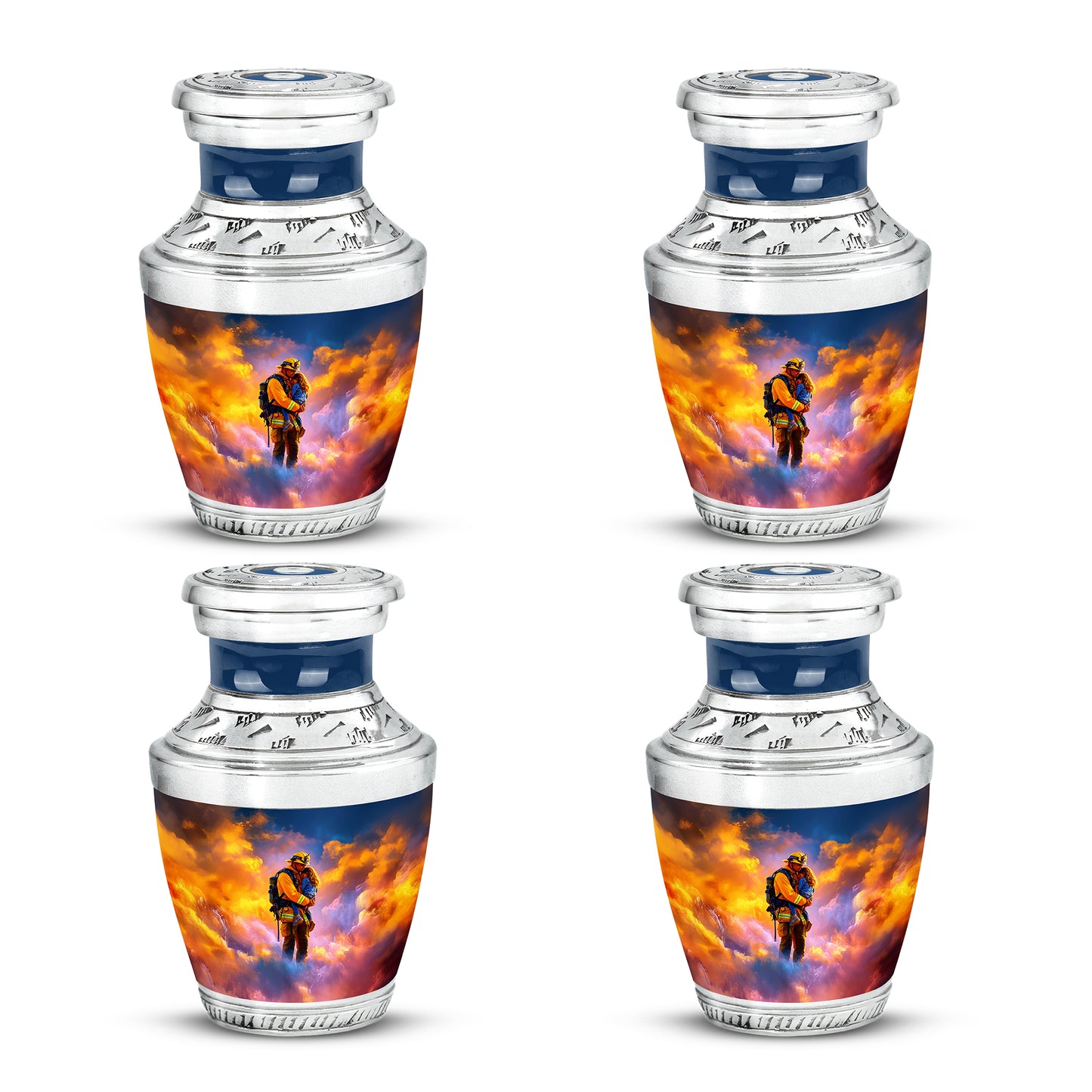 Twilight Blue Firefighter Cremation Urn back view with polished surface - artistic firefighter interpretation with creative detail - 10 inch aluminum urn for cremated remains