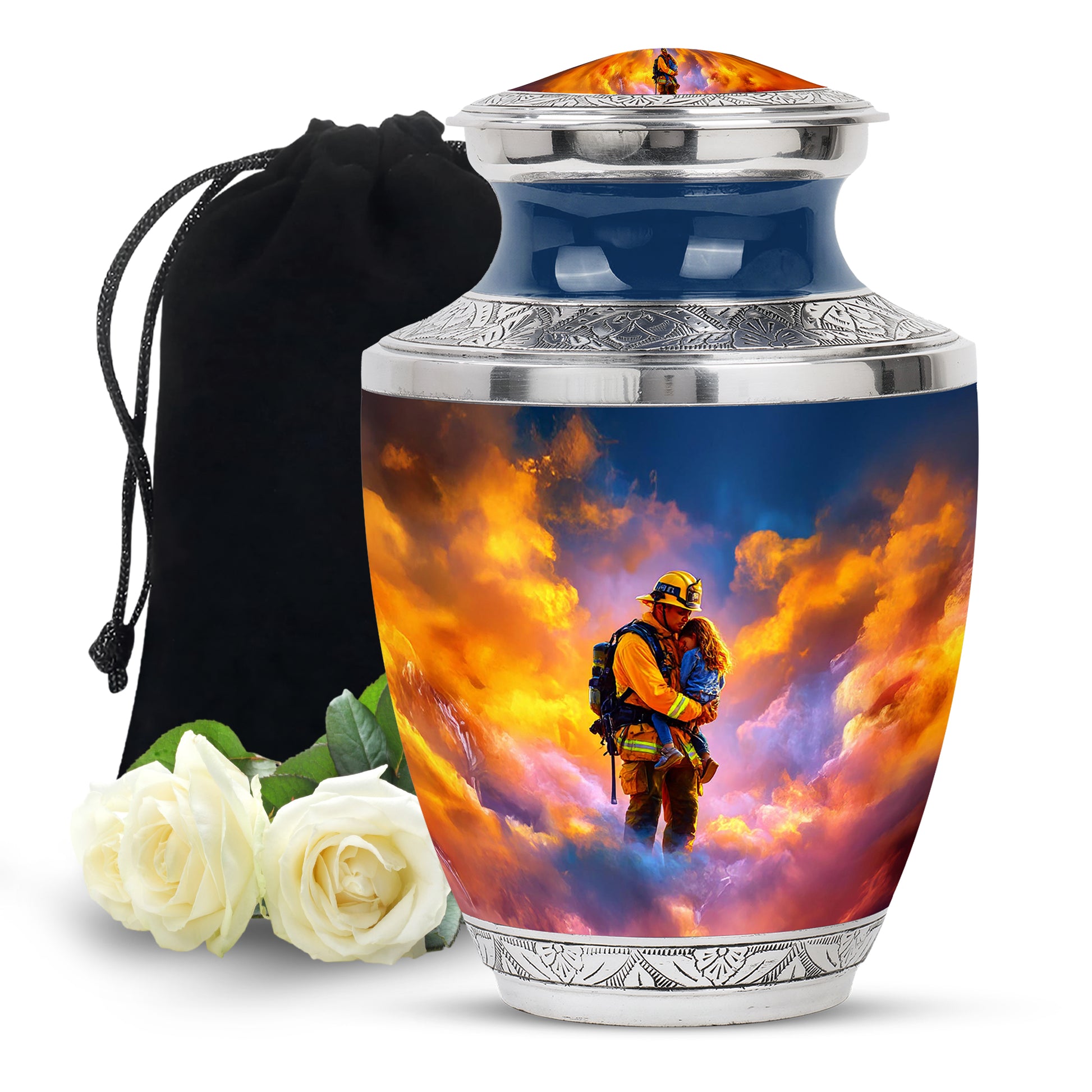 Steel Blue Firefighter Cremation Urn side profile showing urn shape - artistic firefighter interpretation with creative detail - full-size 10 inch 200 cubic inch adult cremation urn