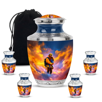 Dusty Blue Firefighter Cremation Urn lifestyle display on memorial shelf - modern art-inspired firefighter motif on sleek aluminum - memorial set with one large and four small urns