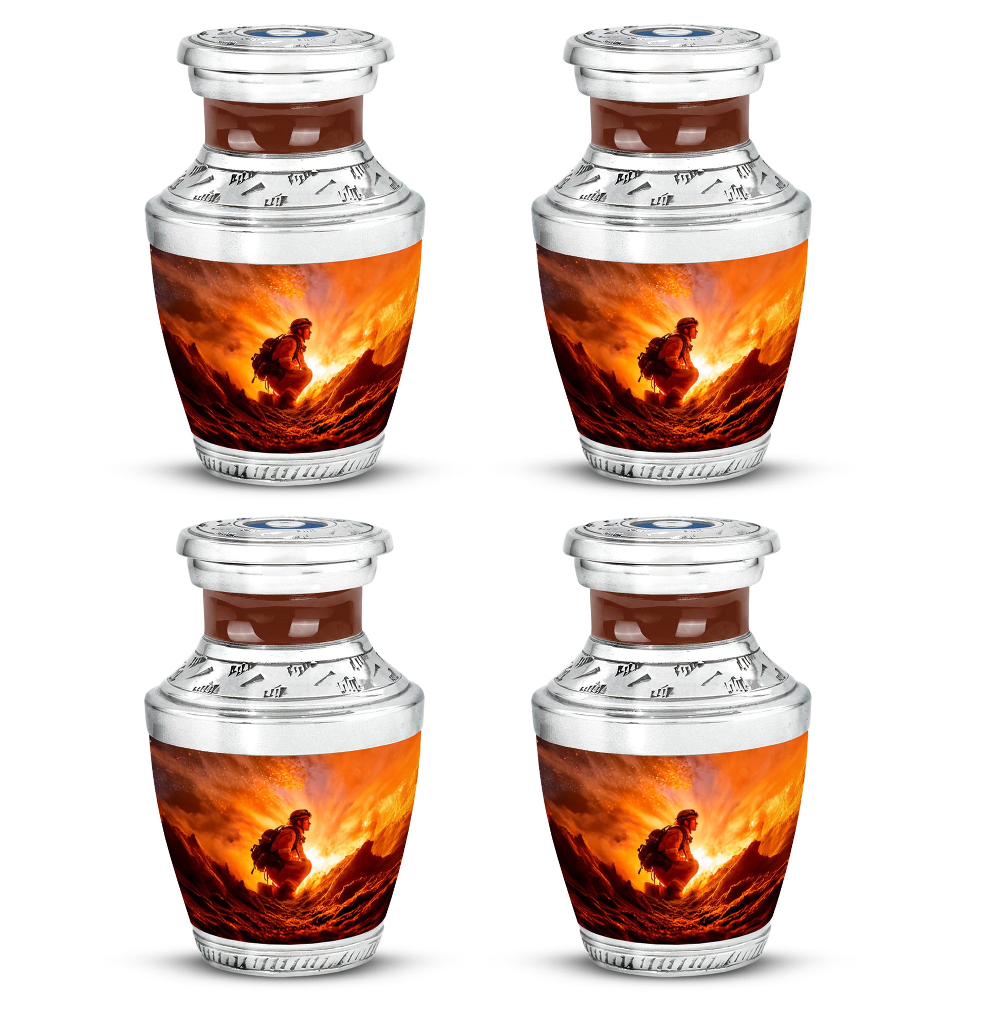 Garnet Red Firefighter Cremation Urn back view with polished surface - modern art-inspired firefighter motif on sleek aluminum - 10 inch aluminum urn for cremated remains