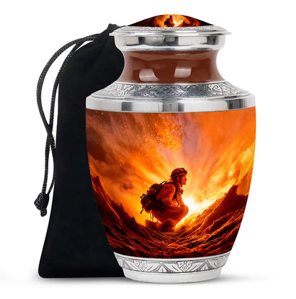 Wine Red Firefighter Cremation Urn side profile showing urn shape - contemporary firefighter design with modern artistic flair - full-size 10 inch 200 cubic inch adult cremation urn
