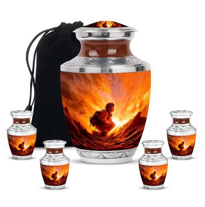 Scarlet Red Firefighter Cremation Urn lifestyle display on memorial shelf - artistic firefighter interpretation with creative detail - memorial set with one large and four small urns