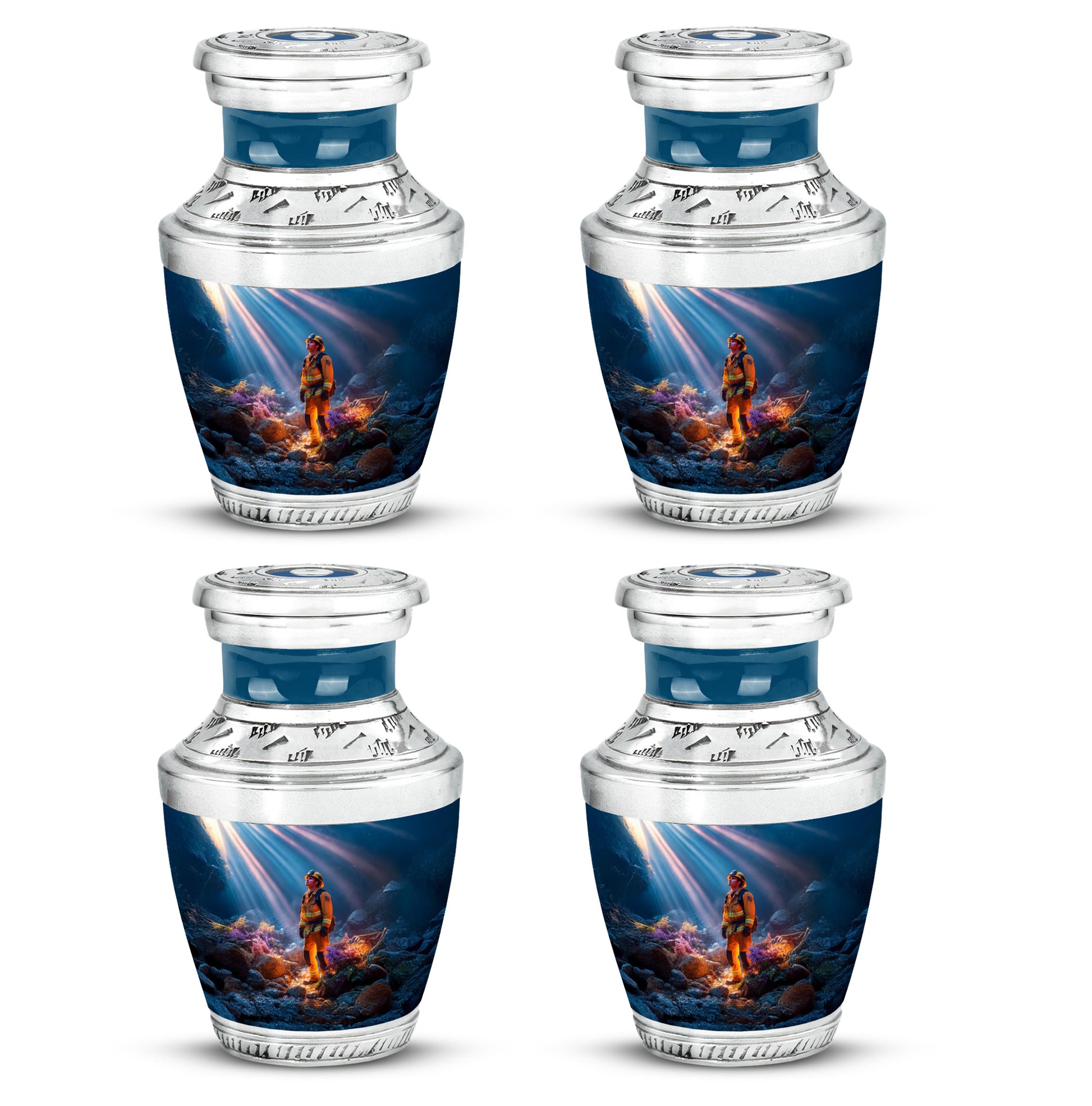 Cobalt Blue Firefighter Cremation Urn back view with polished surface - artistic firefighter interpretation with creative detail - 10 inch aluminum urn for cremated remains