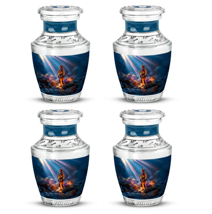 Cobalt Blue Firefighter Cremation Urn back view with polished surface - artistic firefighter interpretation with creative detail - 10 inch aluminum urn for cremated remains