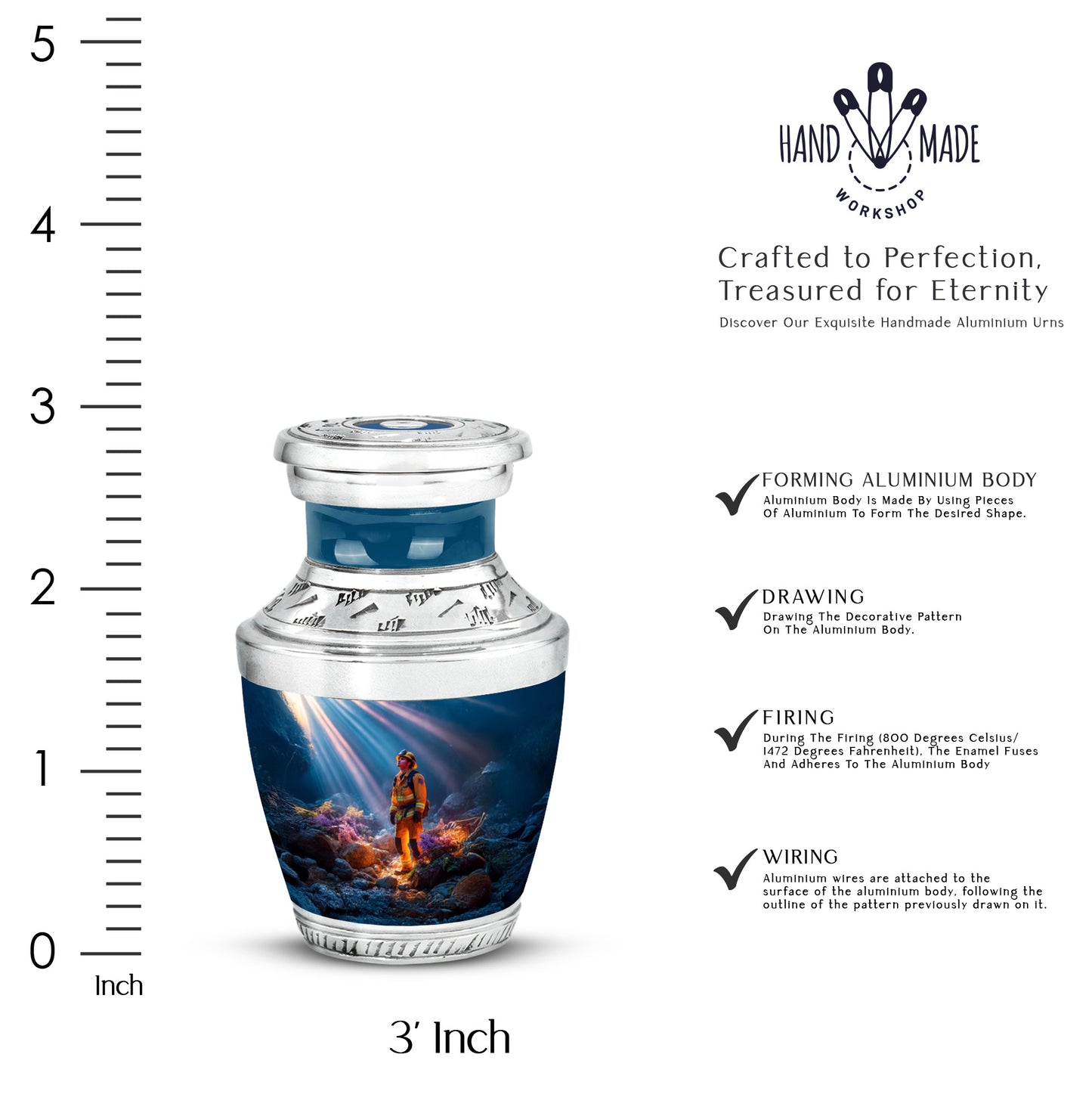 Vivid Blue Firefighter Cremation Urn top-down view of secure threaded lid - artistic firefighter interpretation with creative detail - mini keepsake memorial for portion of cremation ashes