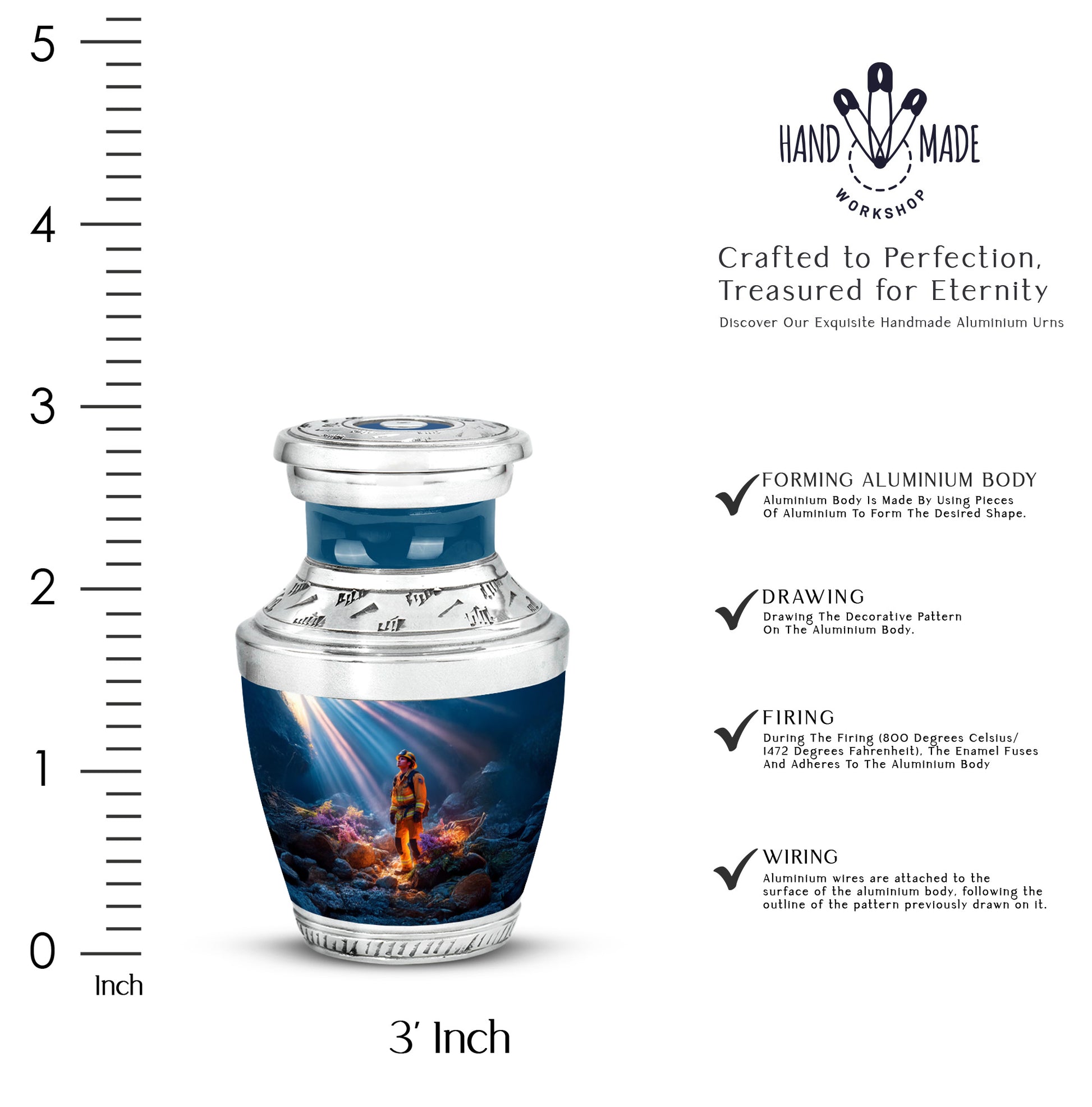 Vivid Blue Firefighter Cremation Urn top-down view of secure threaded lid - artistic firefighter interpretation with creative detail - mini keepsake memorial for portion of cremation ashes