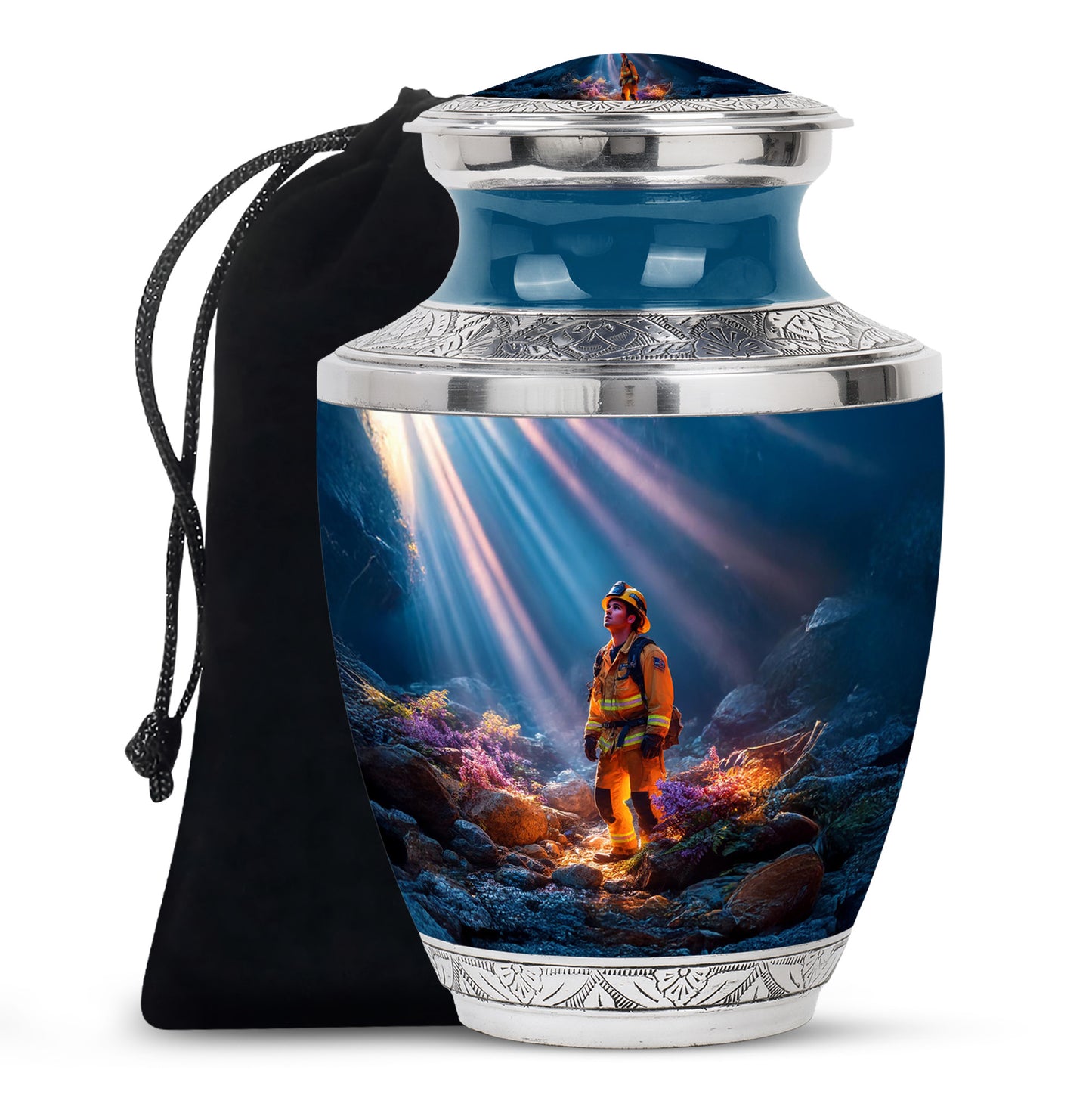 Slate Blue Firefighter Cremation Urn side profile showing urn shape - modern art-inspired firefighter motif on sleek aluminum - full-size 10 inch 200 cubic inch adult cremation urn