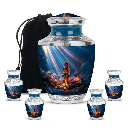 Celestial Blue Firefighter Cremation Urn lifestyle display on memorial shelf - modern art-inspired firefighter motif on sleek aluminum - memorial set with one large and four small urns