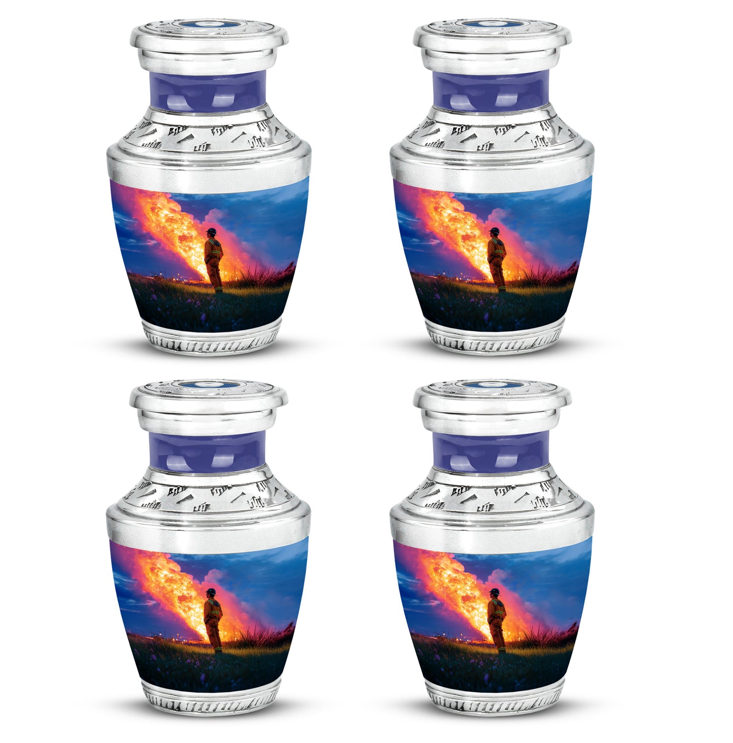 Powder Blue Firefighter Cremation Urn back view with polished surface - modern art-inspired firefighter motif on sleek aluminum - 10 inch aluminum urn for cremated remains