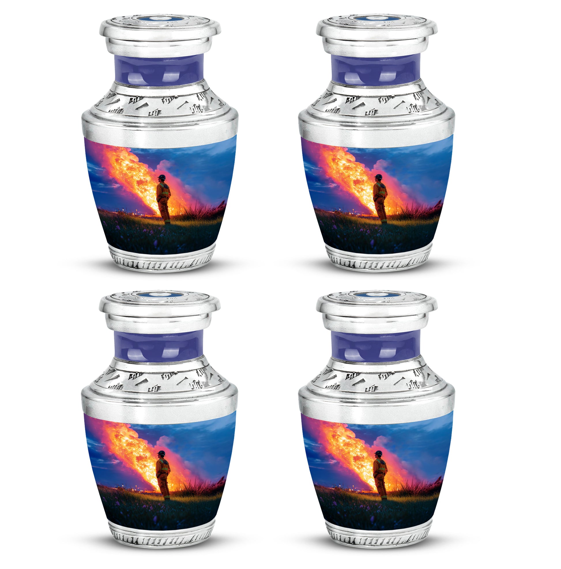 Powder Blue Firefighter Cremation Urn back view with polished surface - modern art-inspired firefighter motif on sleek aluminum - 10 inch aluminum urn for cremated remains