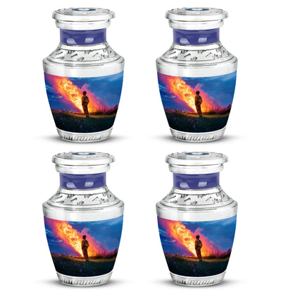 Powder Blue Firefighter Cremation Urn back view with polished surface - modern art-inspired firefighter motif on sleek aluminum - 10 inch aluminum urn for cremated remains