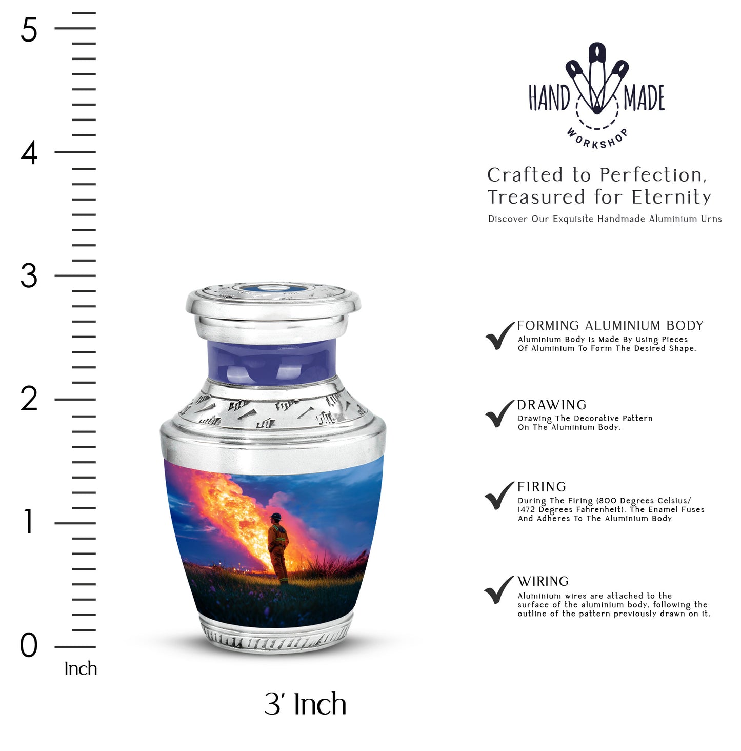 Serene Blue Firefighter Cremation Urn top-down view of secure threaded lid - stylized abstract firefighter pattern with bold lines - mini keepsake memorial for portion of cremation ashes