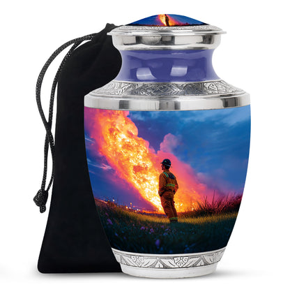 Calming Blue Firefighter Cremation Urn side profile showing urn shape - artistic firefighter interpretation with creative detail - full-size 10 inch 200 cubic inch adult cremation urn