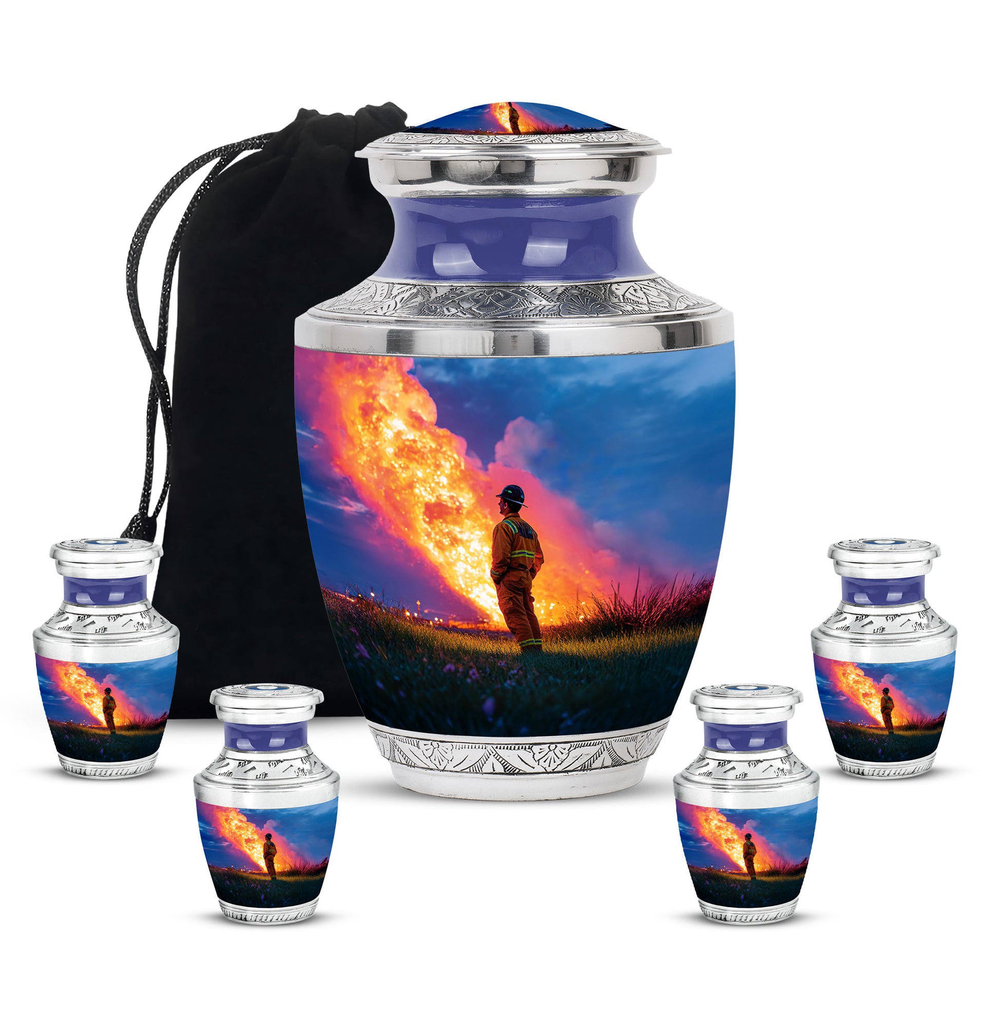 Vivid Blue Firefighter Cremation Urn lifestyle display on memorial shelf - artistic firefighter interpretation with creative detail - memorial set with one large and four small urns