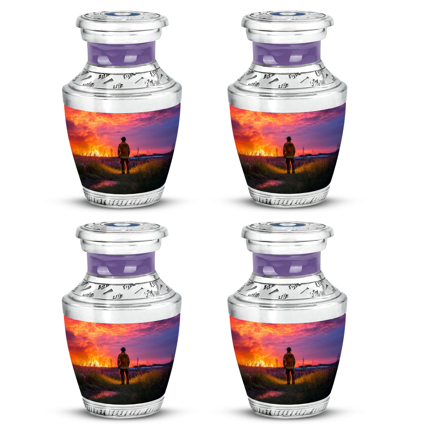 Deep Purple Firefighter Cremation Urn back view with polished surface - contemporary firefighter design with modern artistic flair - 10 inch aluminum urn for cremated remains