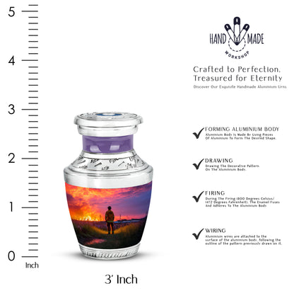 Twilight Purple Firefighter Cremation Urn top-down view of secure threaded lid - stylized abstract firefighter pattern with bold lines - mini keepsake memorial for portion of cremation ashes