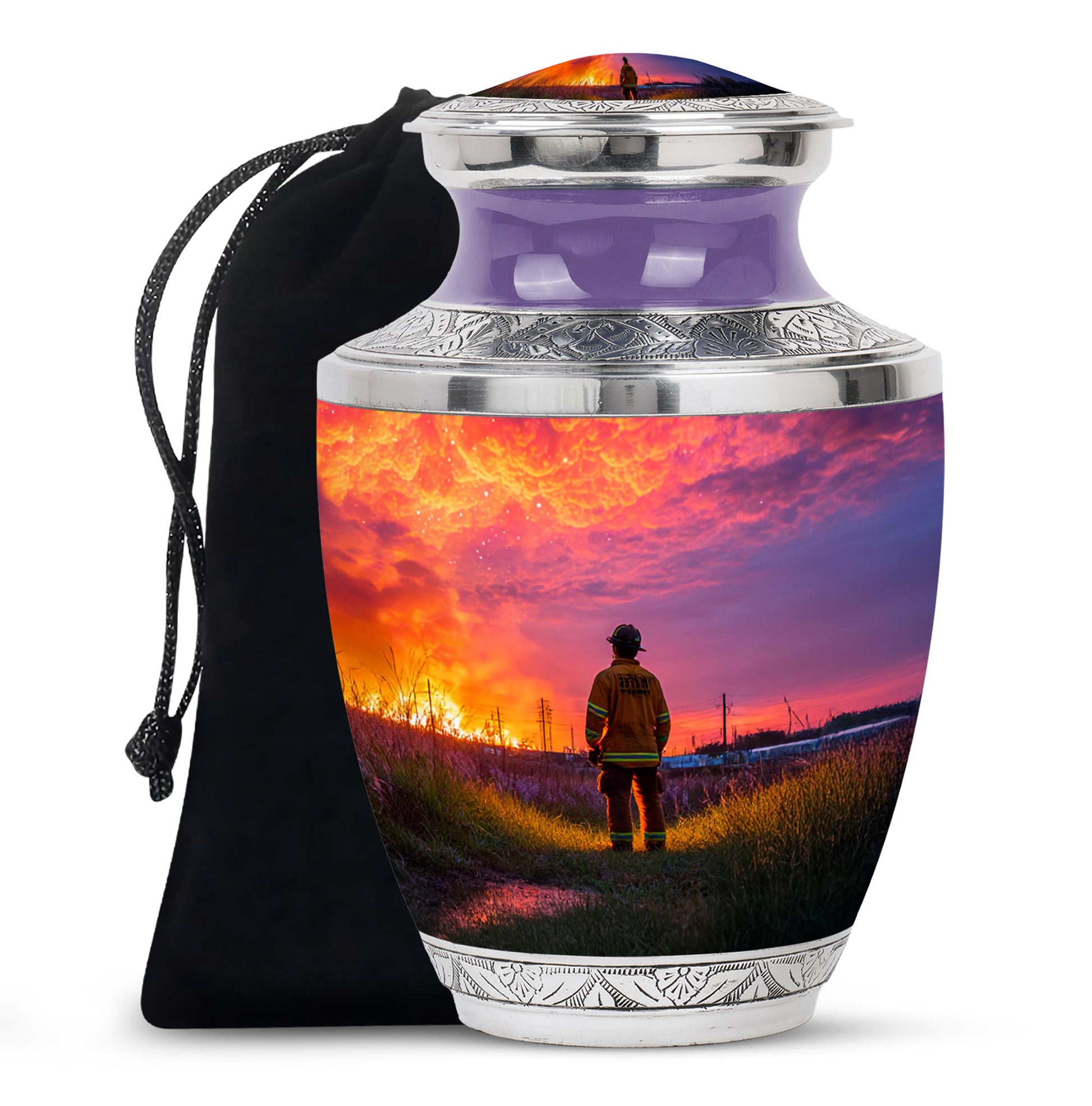 Plum Purple Firefighter Cremation Urn side profile showing urn shape - contemporary firefighter design with modern artistic flair - full-size 10 inch 200 cubic inch adult cremation urn