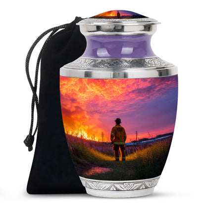 Plum Purple Firefighter Cremation Urn side profile showing urn shape - contemporary firefighter design with modern artistic flair - full-size 10 inch 200 cubic inch adult cremation urn