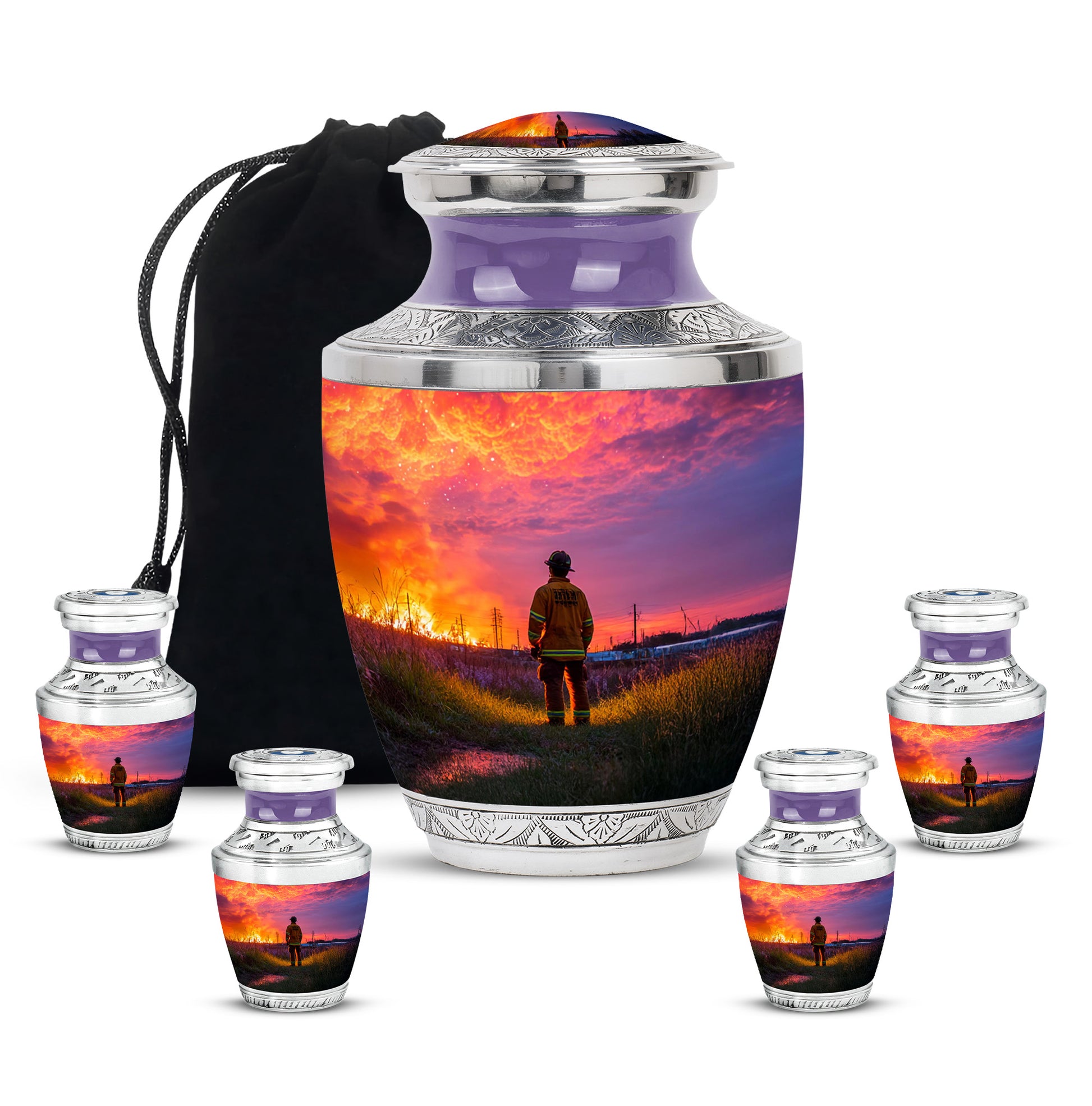 Orchid Purple Firefighter Cremation Urn lifestyle display on memorial shelf - modern art-inspired firefighter motif on sleek aluminum - memorial set with one large and four small urns