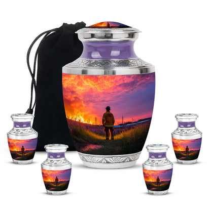 Orchid Purple Firefighter Cremation Urn lifestyle display on memorial shelf - modern art-inspired firefighter motif on sleek aluminum - memorial set with one large and four small urns