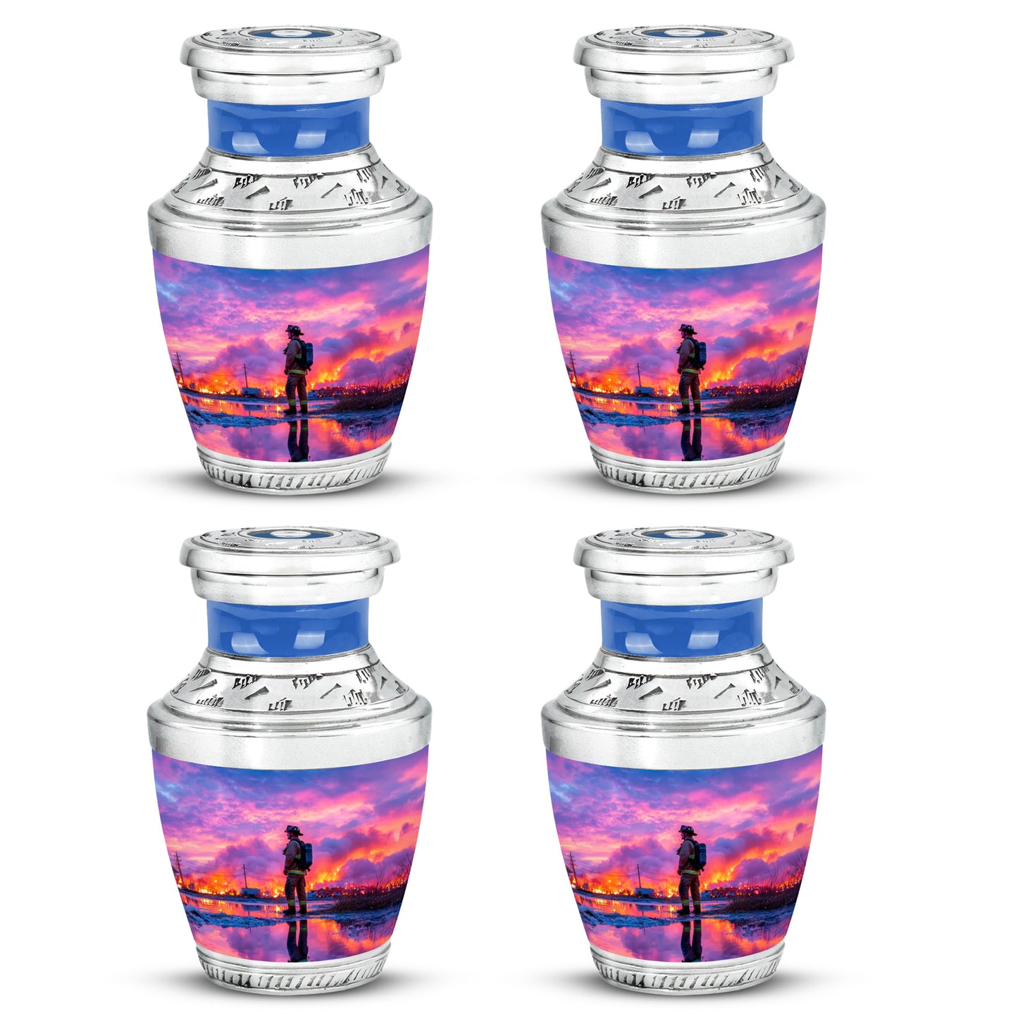 Royal Blue Firefighter Cremation Urn back view with polished surface - artistic firefighter interpretation with creative detail - 10 inch aluminum urn for cremated remains