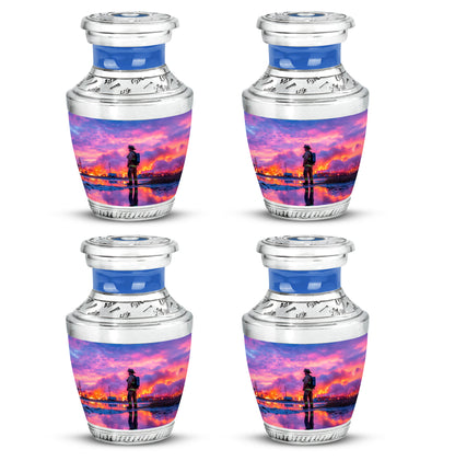 Royal Blue Firefighter Cremation Urn back view with polished surface - artistic firefighter interpretation with creative detail - 10 inch aluminum urn for cremated remains