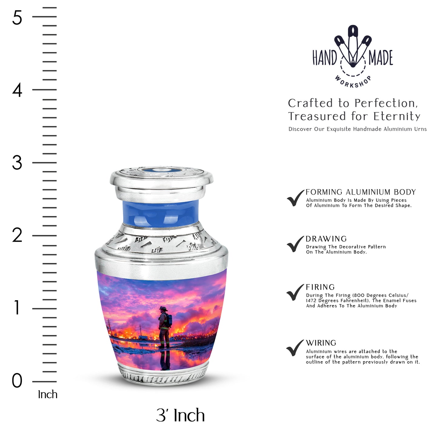 Calming Blue Firefighter Cremation Urn top-down view of secure threaded lid - artistic firefighter interpretation with creative detail - mini keepsake memorial for portion of cremation ashes