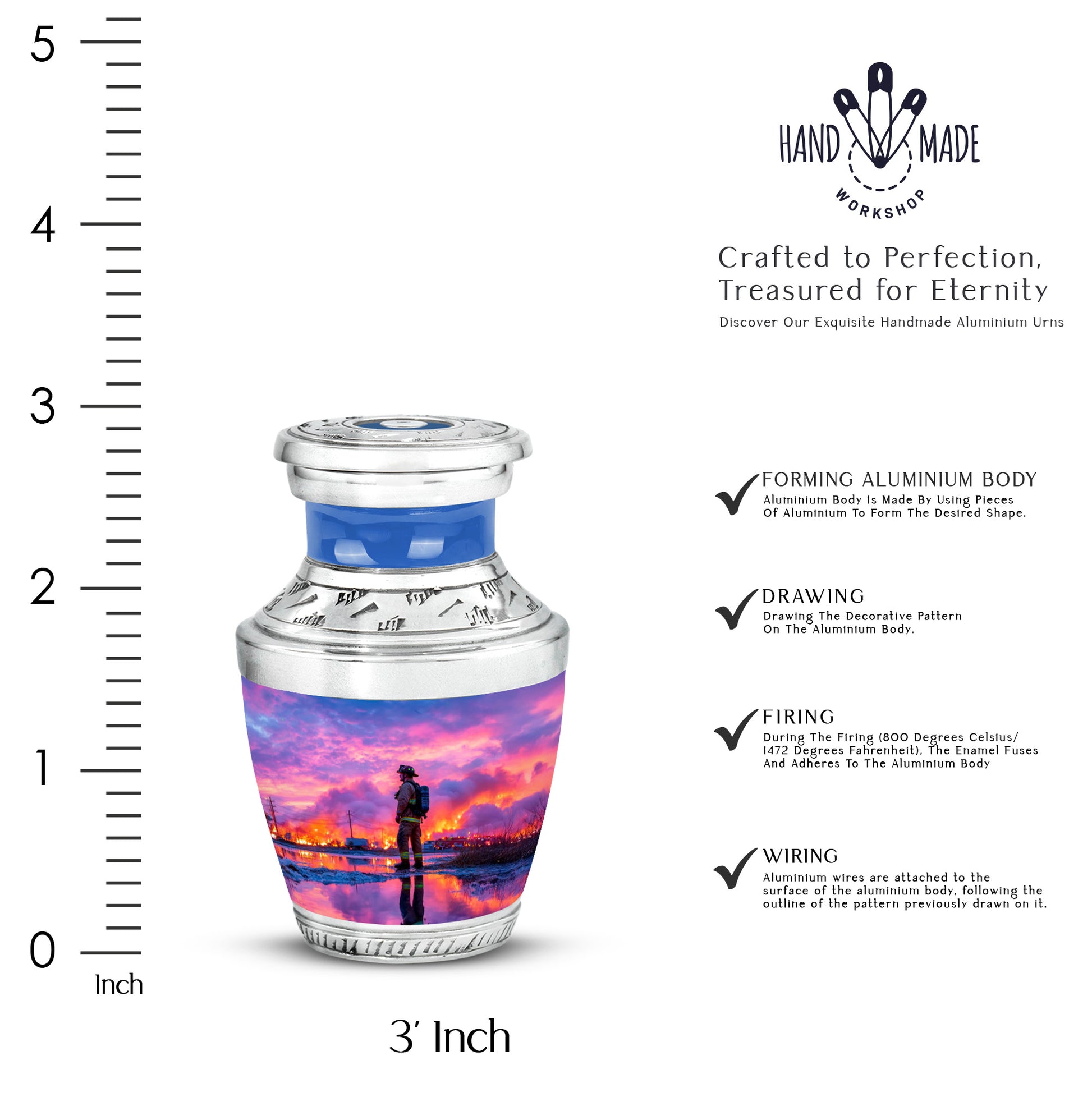 Calming Blue Firefighter Cremation Urn top-down view of secure threaded lid - artistic firefighter interpretation with creative detail - mini keepsake memorial for portion of cremation ashes