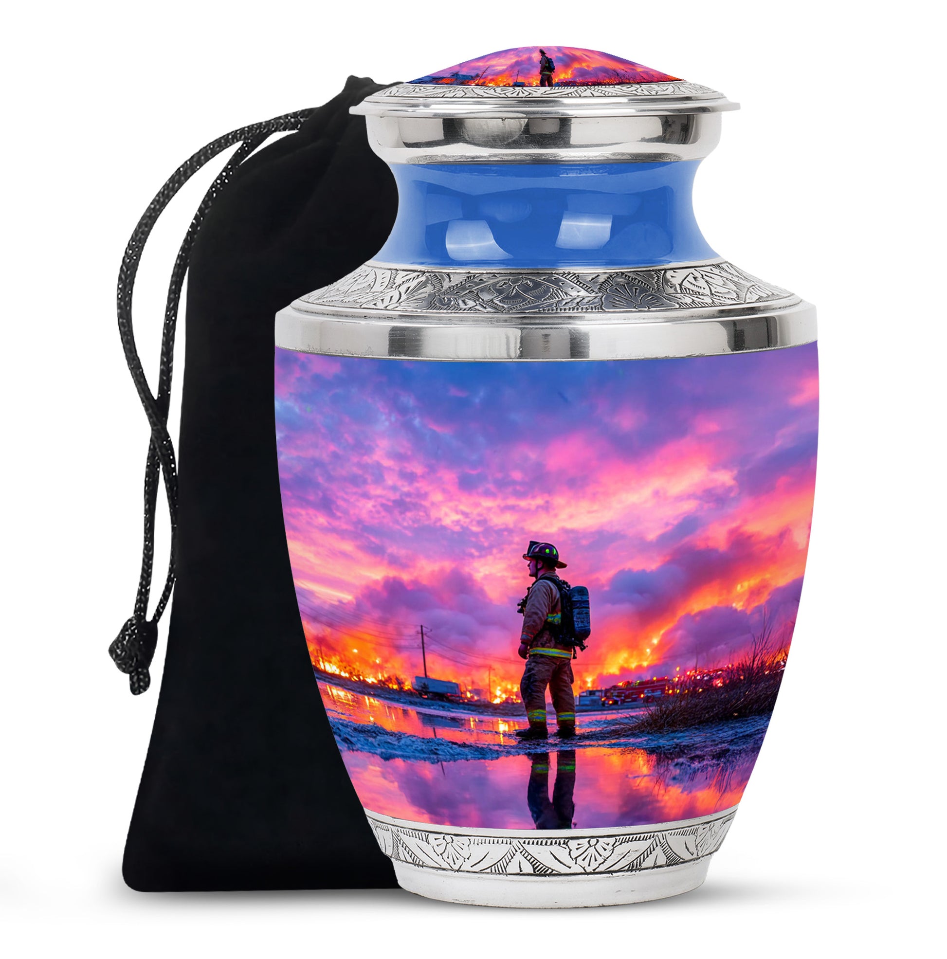 Twilight Blue Firefighter Cremation Urn side profile showing urn shape - artistic firefighter interpretation with creative detail - full-size 10 inch 200 cubic inch adult cremation urn