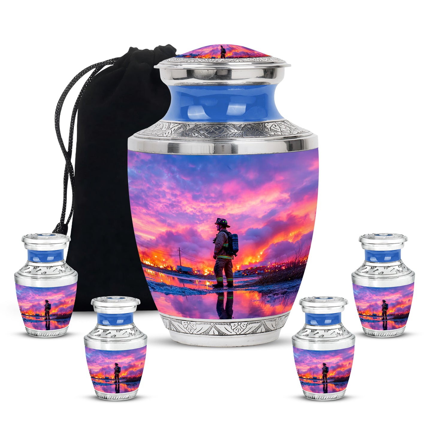 Soft Blue Firefighter Cremation Urn lifestyle display on memorial shelf - artistic firefighter interpretation with creative detail - memorial set with one large and four small urns