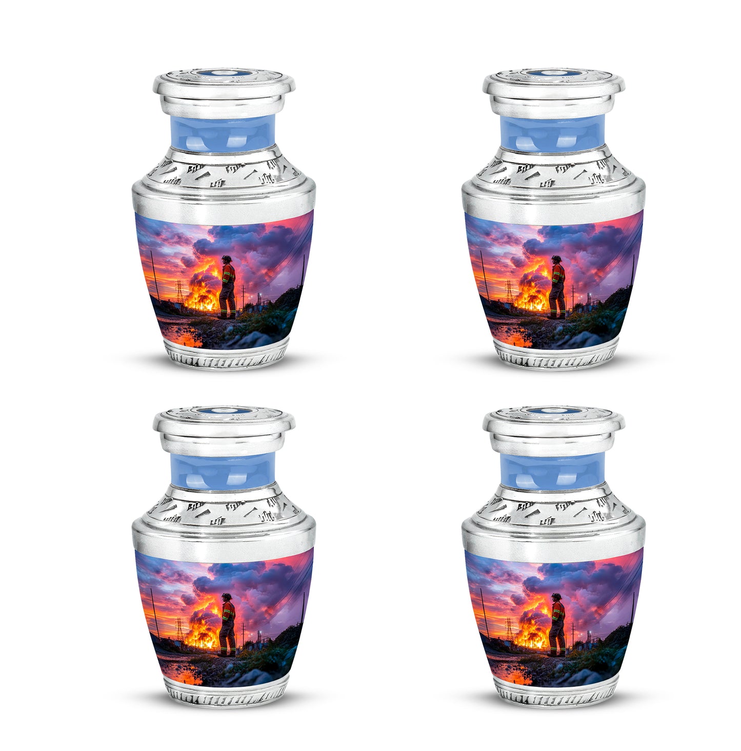 Pastel Blue Firefighter Cremation Urn back view with polished surface - contemporary firefighter design with modern artistic flair - 10 inch aluminum urn for cremated remains
