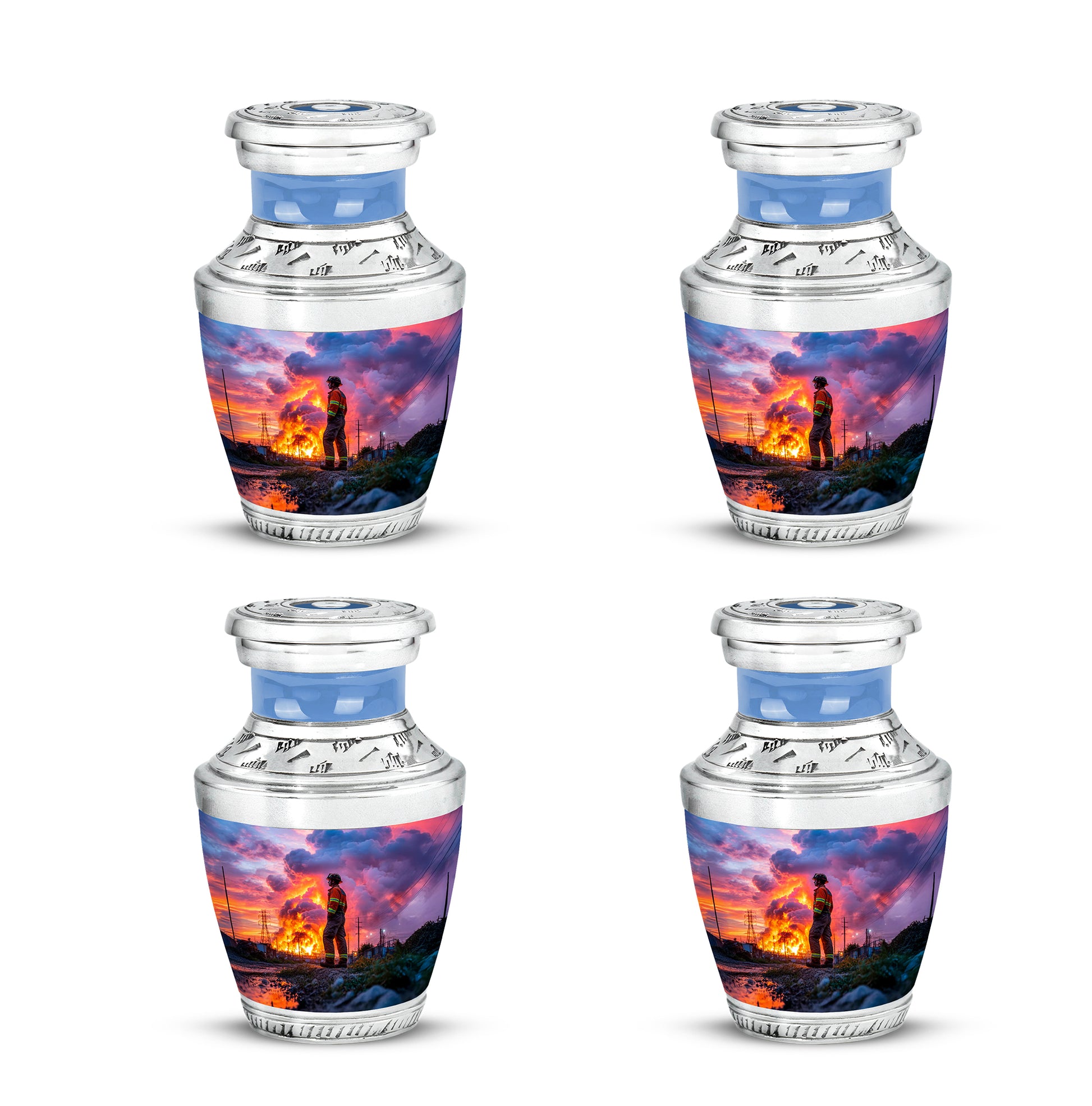 Pastel Blue Firefighter Cremation Urn back view with polished surface - contemporary firefighter design with modern artistic flair - 10 inch aluminum urn for cremated remains