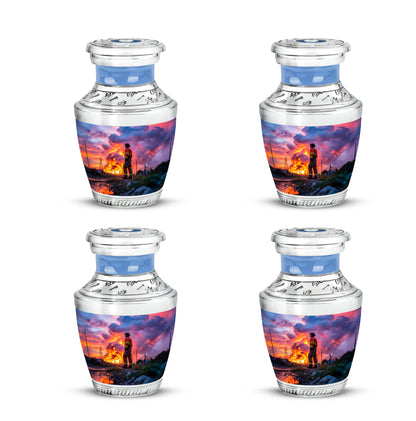 Pastel Blue Firefighter Cremation Urn back view with polished surface - contemporary firefighter design with modern artistic flair - 10 inch aluminum urn for cremated remains