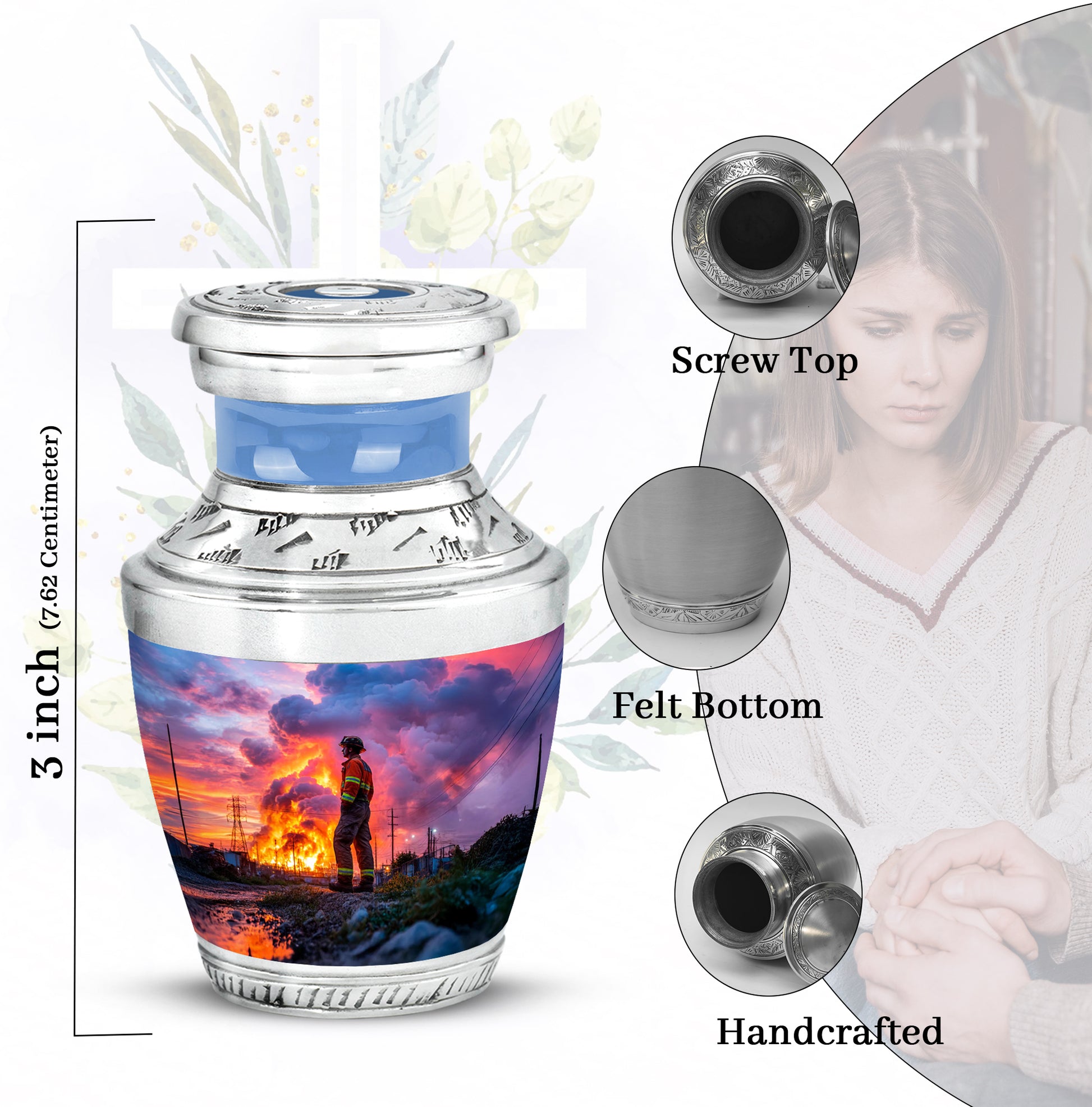 Powder Blue Firefighter Cremation Urn top-down view of secure threaded lid - modern art-inspired firefighter motif on sleek aluminum - mini keepsake memorial for portion of cremation ashes