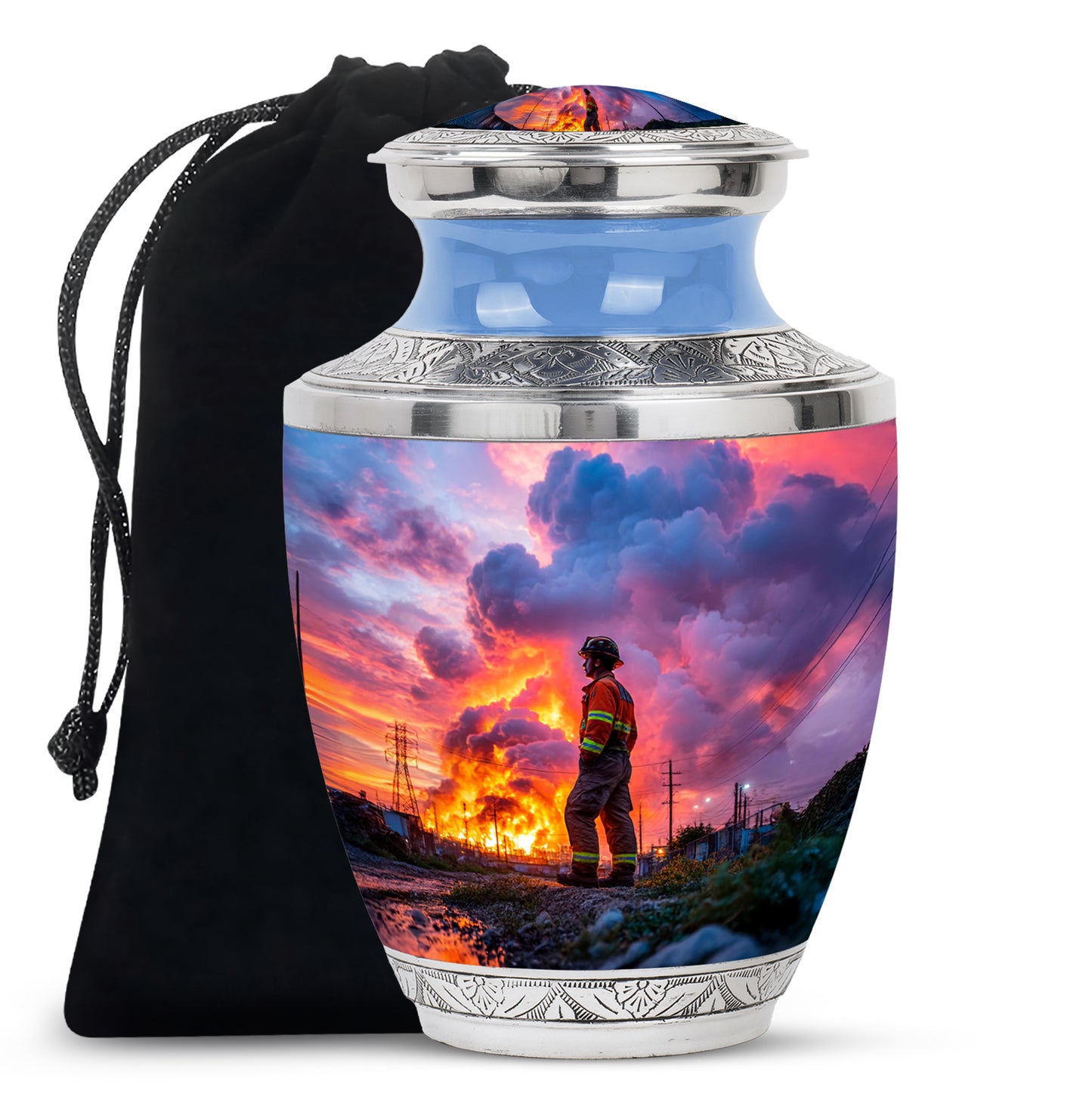 Navy Blue Firefighter Cremation Urn side profile showing urn shape - modern art-inspired firefighter motif on sleek aluminum - full-size 10 inch 200 cubic inch adult cremation urn