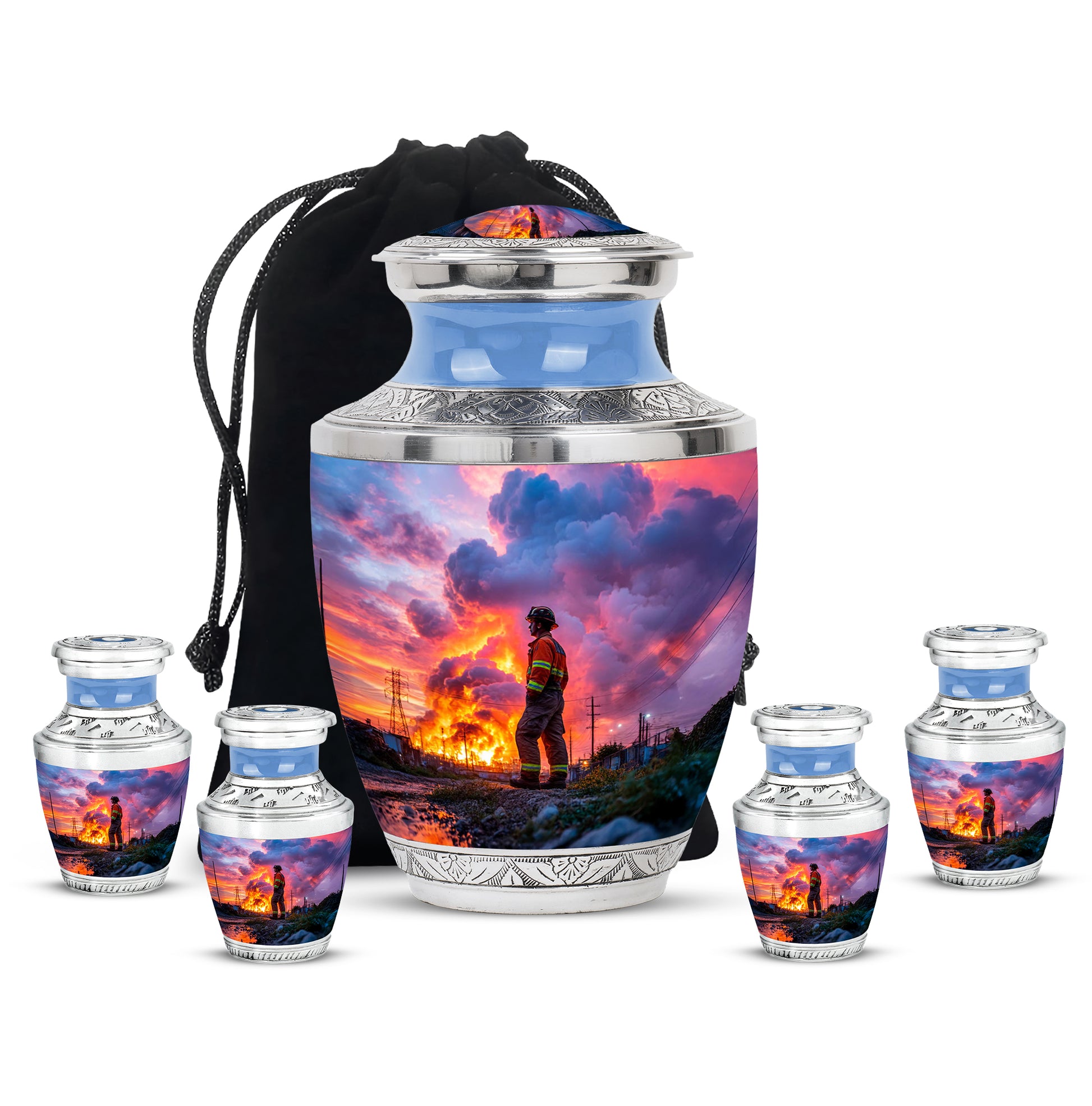 Dusty Blue Firefighter Cremation Urn lifestyle display on memorial shelf - contemporary firefighter design with modern artistic flair - memorial set with one large and four small urns