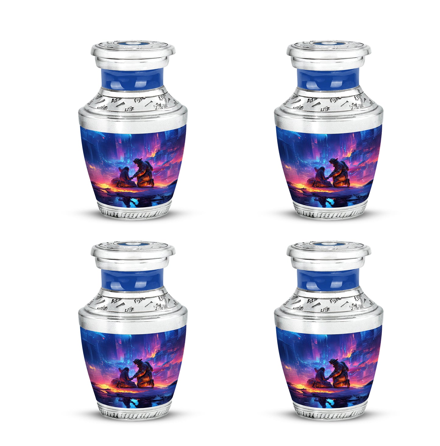 Serene Blue Firefighter Cremation Urn back view with polished surface - stylized abstract firefighter pattern with bold lines - 10 inch aluminum urn for cremated remains