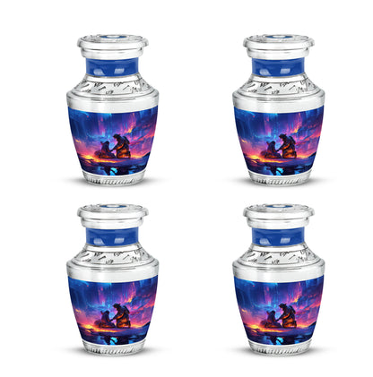 Serene Blue Firefighter Cremation Urn back view with polished surface - stylized abstract firefighter pattern with bold lines - 10 inch aluminum urn for cremated remains