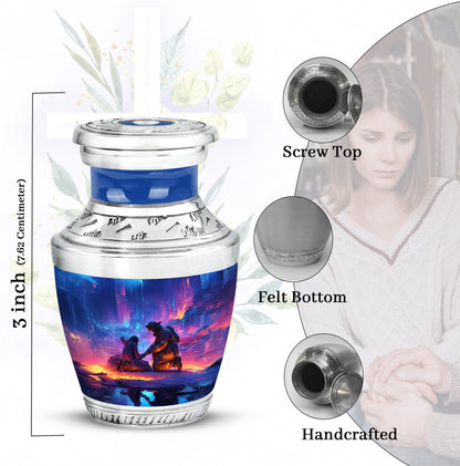 Icy Blue Firefighter Cremation Urn top-down view of secure threaded lid - modern art-inspired firefighter motif on sleek aluminum - mini keepsake memorial for portion of cremation ashes