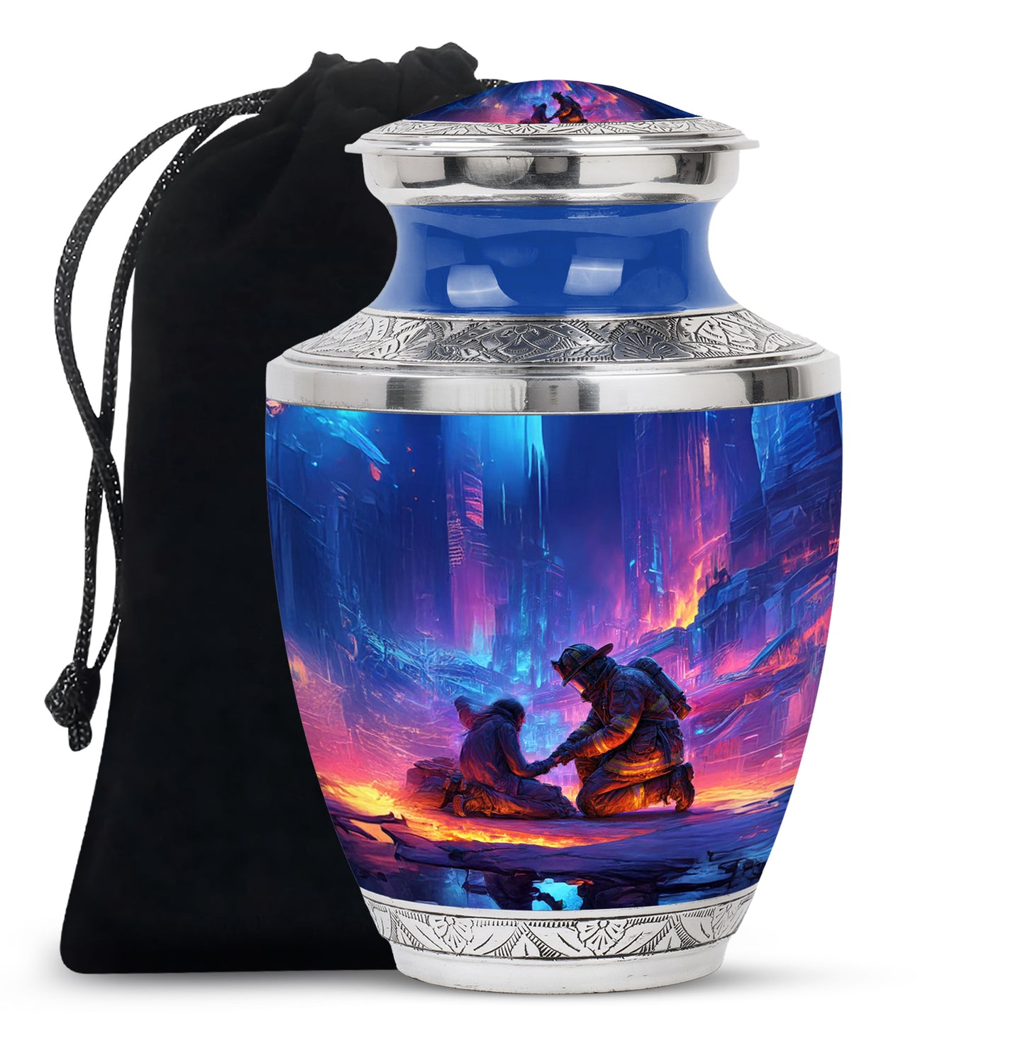 Twilight Blue Firefighter Cremation Urn side profile showing urn shape - stylized abstract firefighter pattern with bold lines - full-size 10 inch 200 cubic inch adult cremation urn