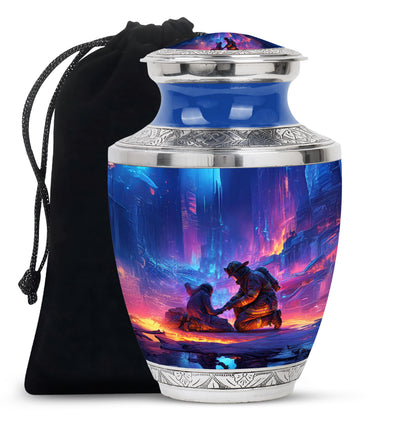 Twilight Blue Firefighter Cremation Urn side profile showing urn shape - stylized abstract firefighter pattern with bold lines - full-size 10 inch 200 cubic inch adult cremation urn