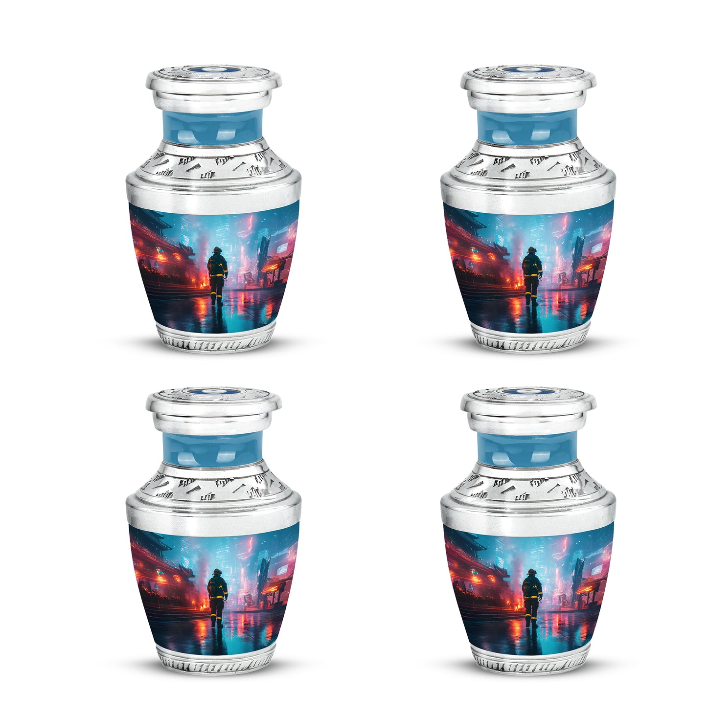Sky Blue Firefighter Cremation Urn back view with polished surface - contemporary firefighter design with modern artistic flair - 10 inch aluminum urn for cremated remains