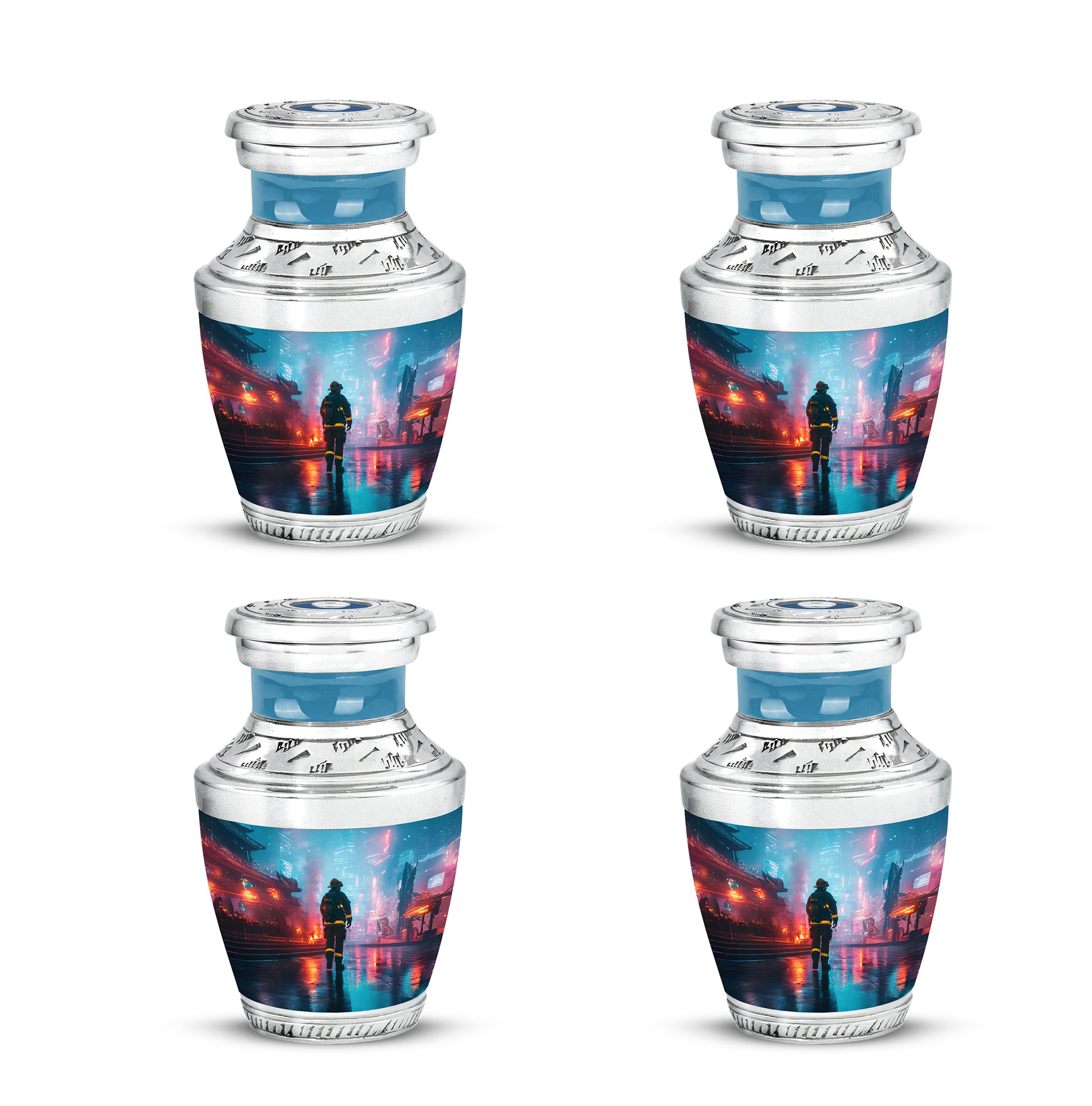 Sky Blue Firefighter Cremation Urn back view with polished surface - contemporary firefighter design with modern artistic flair - 10 inch aluminum urn for cremated remains
